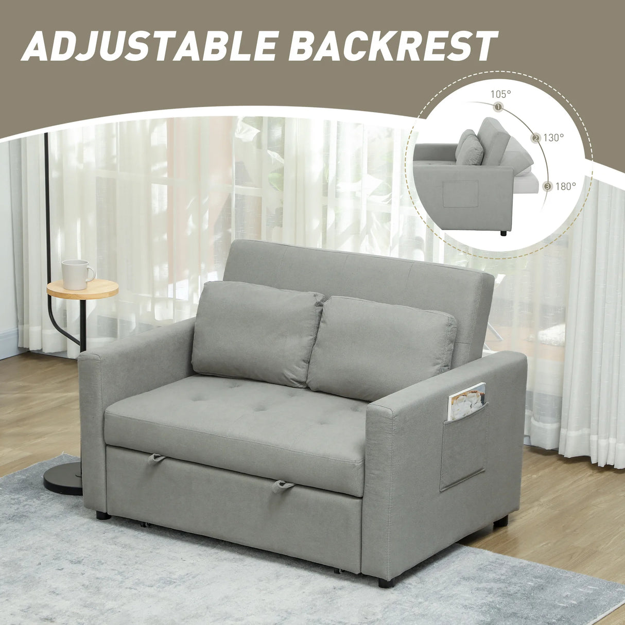 HOMCOM Velvet-Feel Two-Seater Sofa Bed - Light Grey