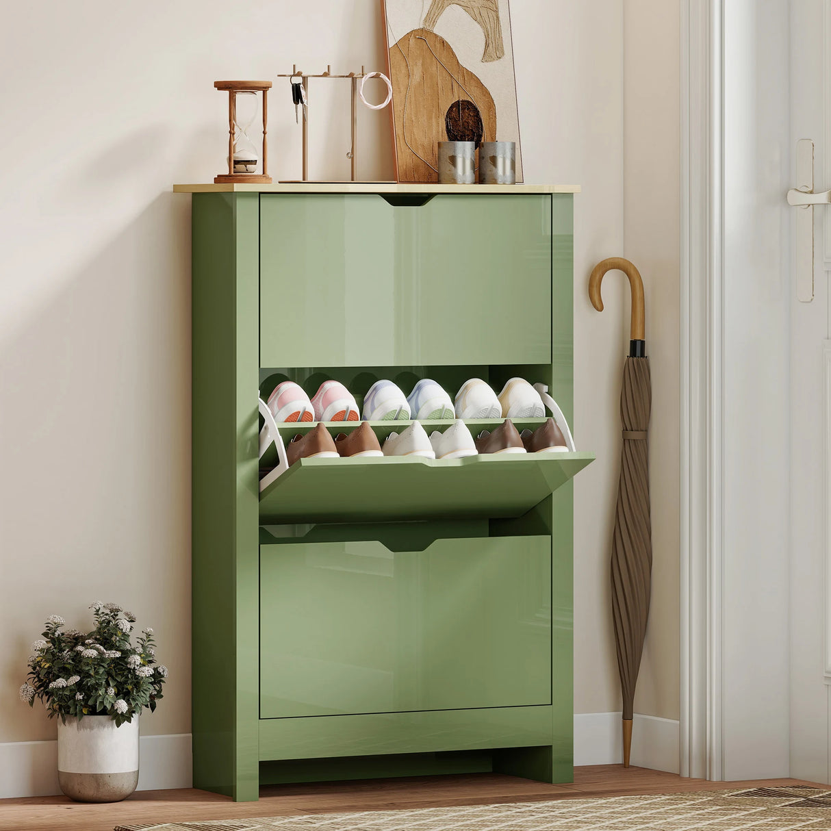 HOMCOM Slim Shoe Cabinet, Narrow Shoe Cupboard with 3 Flip Drawers, Adjustable Shelves for 18 Pairs of Shoes, High Gloss Green