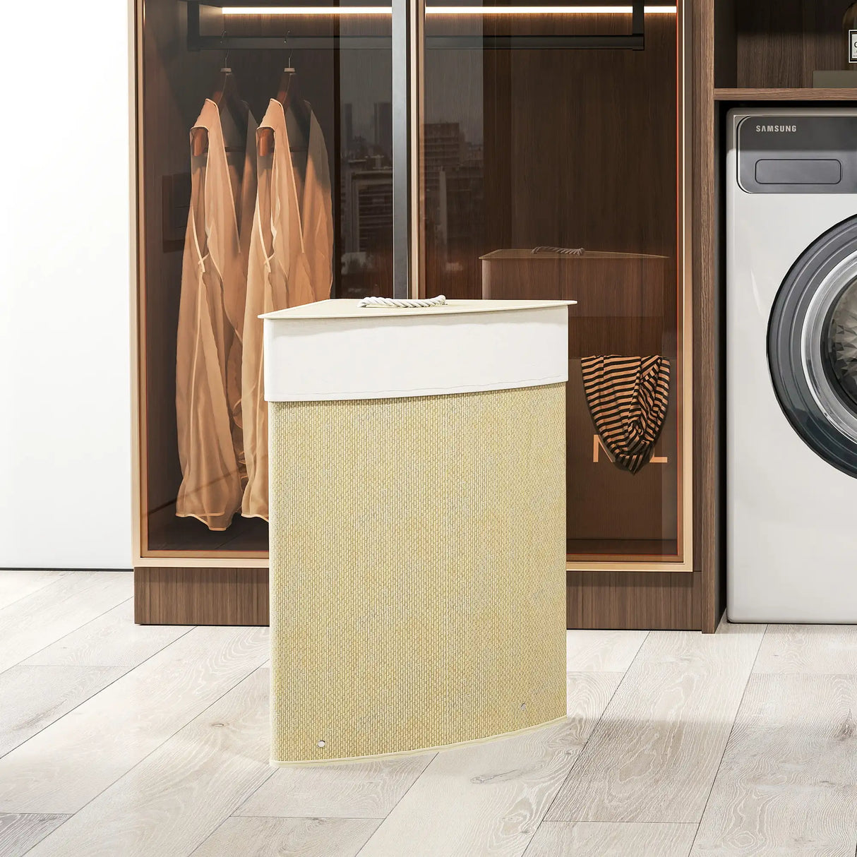 HOMCOM Bamboo Laundry Basket with Lid, 55L Corner Laundry Hamper with Removable Washable Liner Bag, Bathroom Triangle Washing Basket, 35 x 35 x 60 cm, Nature Wood Finish