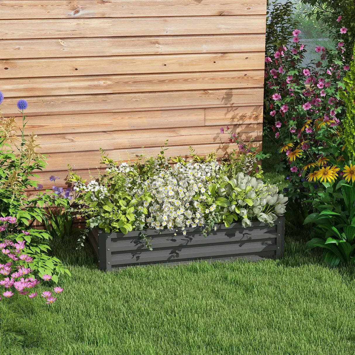 Outsunny Rectangle Raised Garden Bed Box with Weatherized Steel Frame for Vegetables, Flowers, & Herbs, 120 cm x 60 cm x 30.5 cm, Light Grey