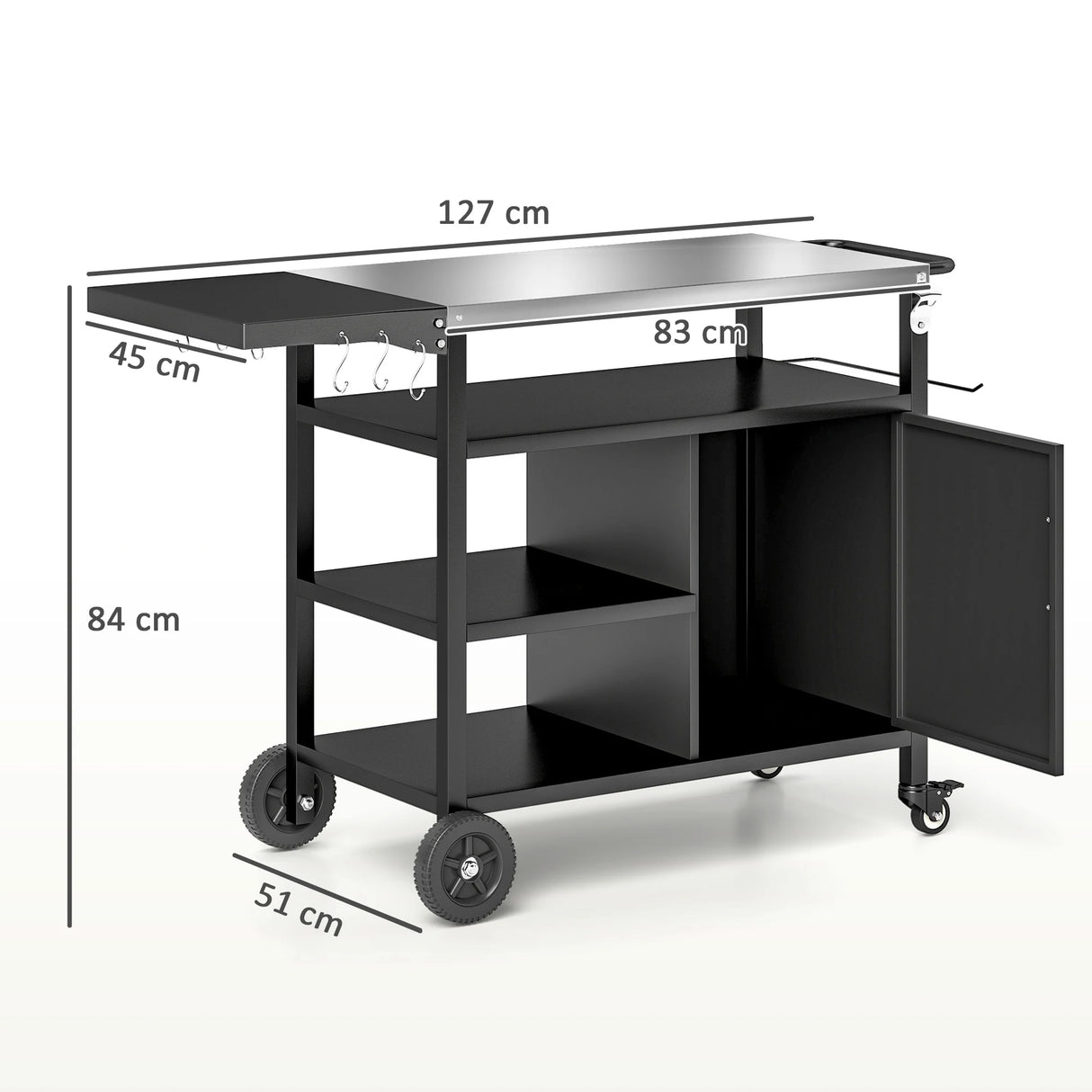 Outsunny Outdoor BBQ Trolley with Foldable Side Table, Stainless Steel Top, Outdoor Kitchen with Wheels Hooks Shelves Cabinet, Pizza Oven Table Movable Barbecue Grill Dining Cart with Cover, Black