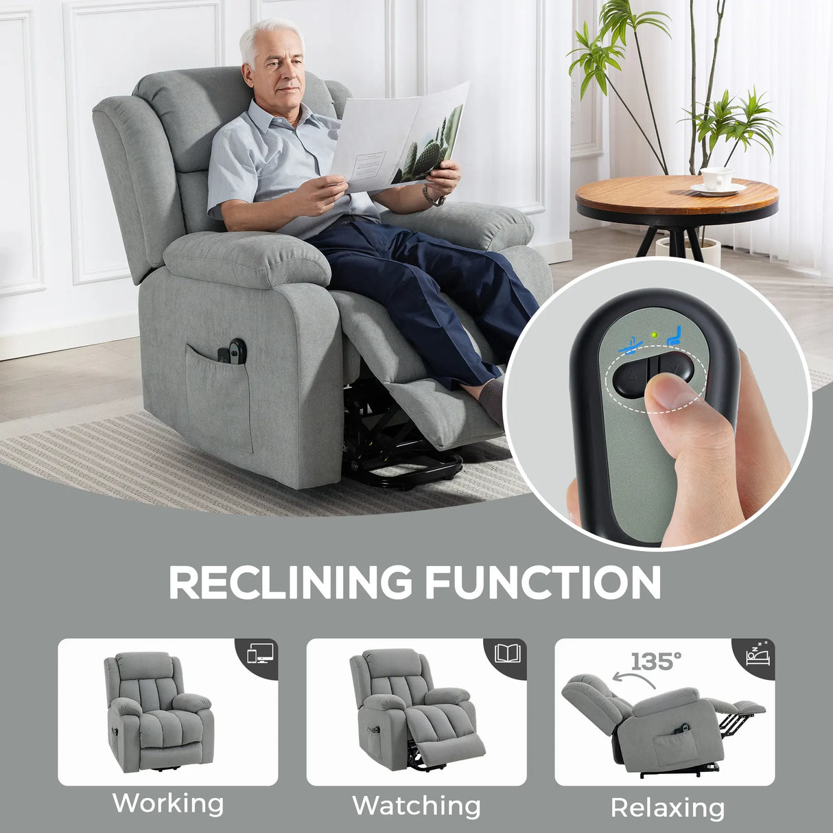 HOMCOM Eight-Point Massage Electric Lift Chair - Light Grey