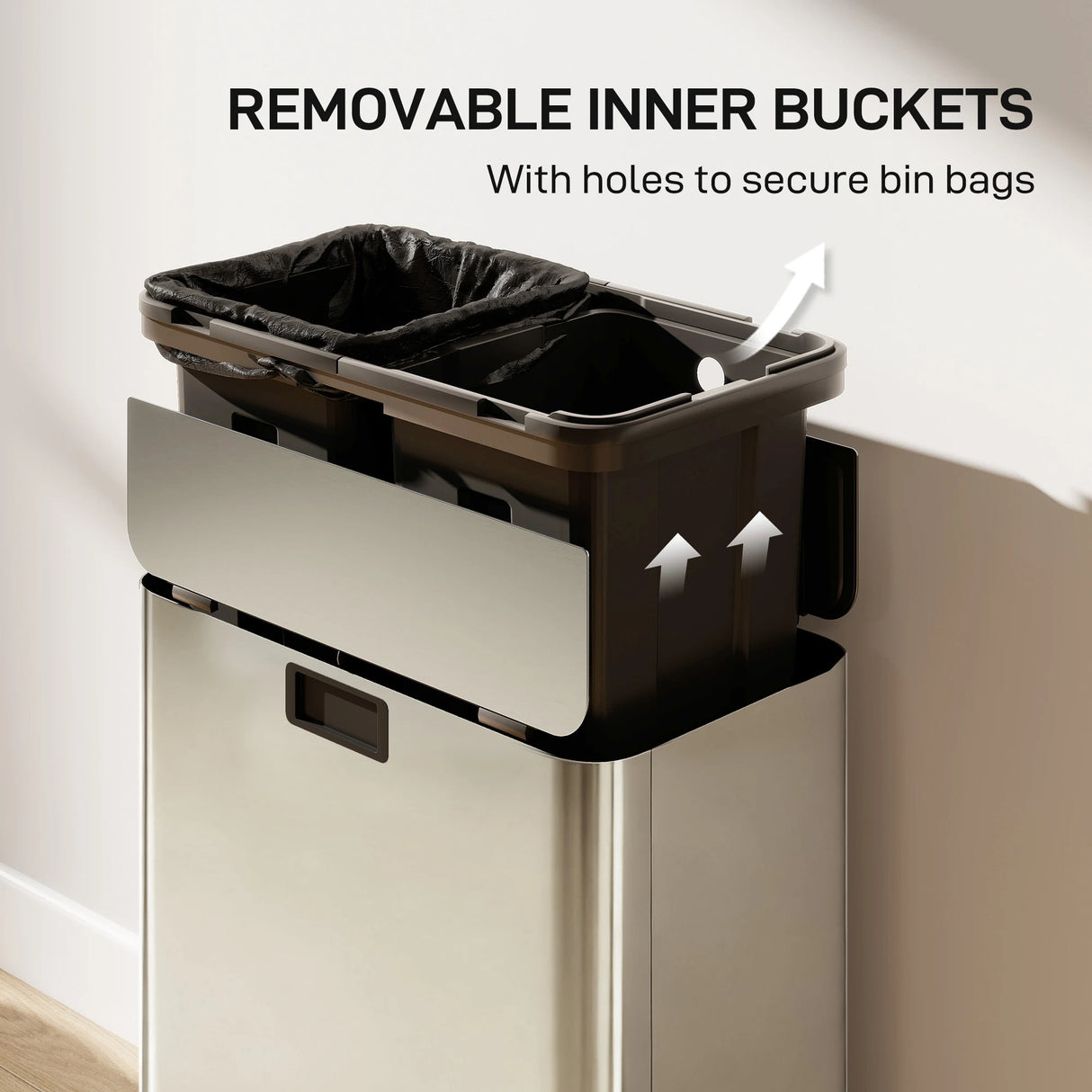 HOMCOM Dual Kitchen Bin with Soft-Close Butterfly Lid, 2 x 28L Stainless Steel Pedal Bin with Removable Inner Buckets, Fingerprint-Proof for Recycling and Waste, Silver Tone