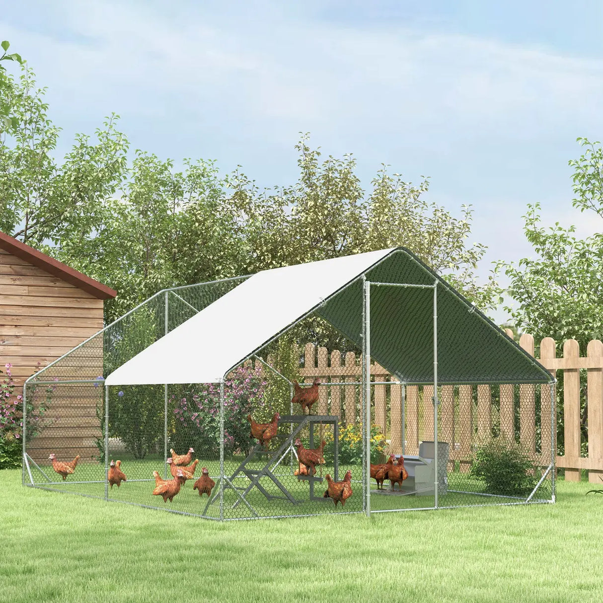 PawHut Chicken Walk-in Run, Galvanised Chicken Coop, Hen Poultry House Cage, Rabbit Hutch Pet Playpen Garden w/ Water-Resist Cover, 3 x 4 x 2m