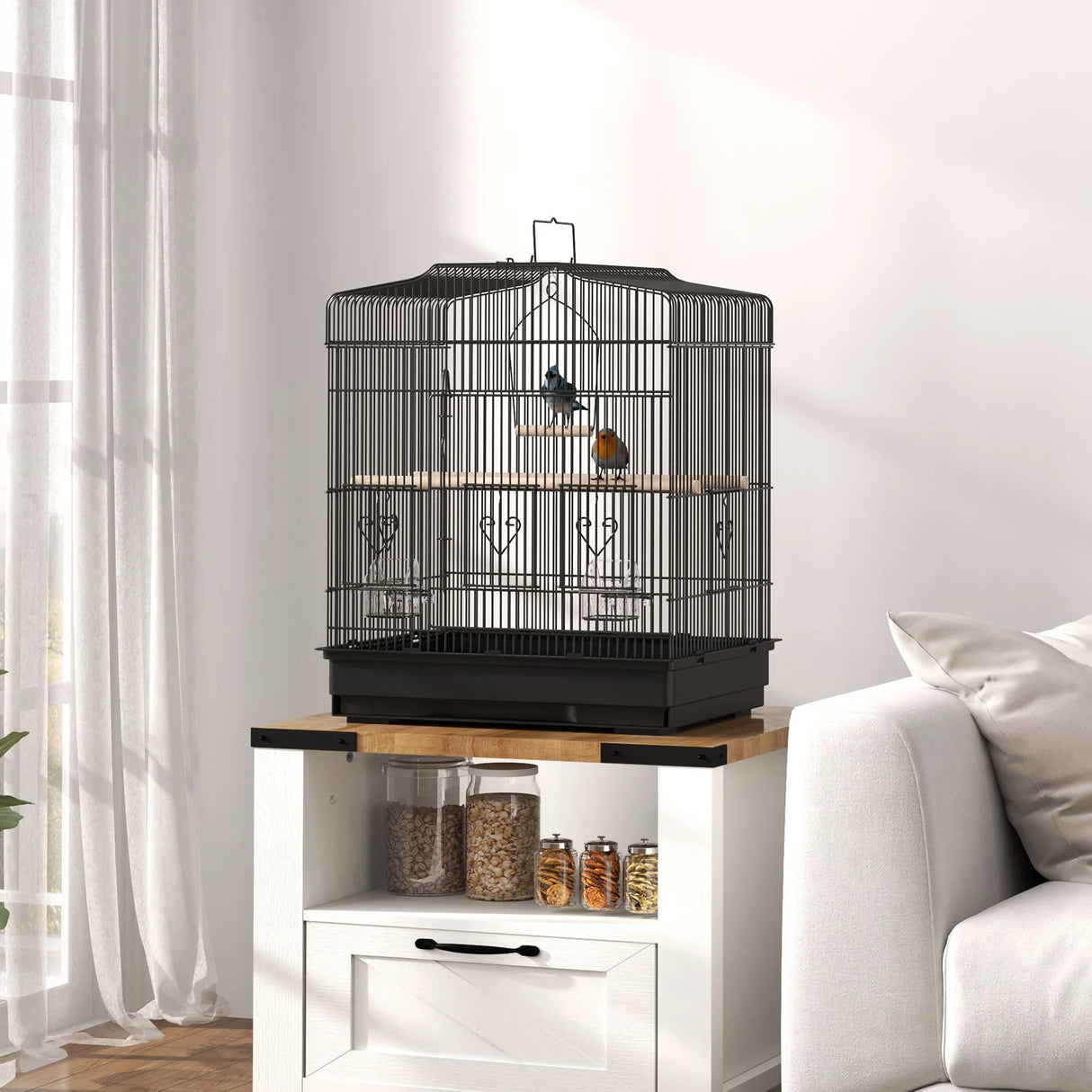 PawHut Large Metal Bird Cage with Perches, Food Bowls, Swing, for Budgies, Parakeets, Black