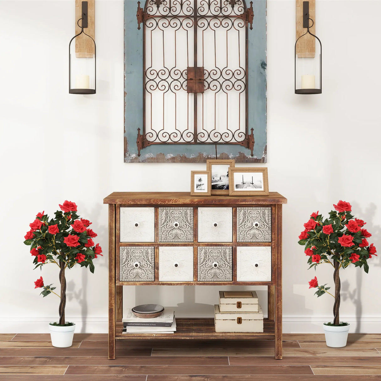 Outsunny Set of 2 Artificial Plants White Rose Floral in Pot, Fake Plants for Home Indoor Decor, 90cm, Red