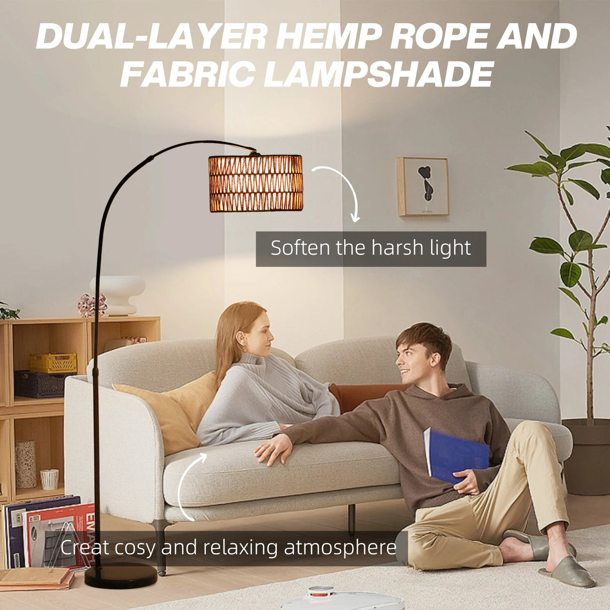 HOMCOM Rattan Floor Lamp for Living Room, Farmhouse Arc Standing Lamp with Dual-Layer Shade & Foot Switch, Height Adjustable Minimalist Tall Pole Lampshade for Bedroom, Office, Black
