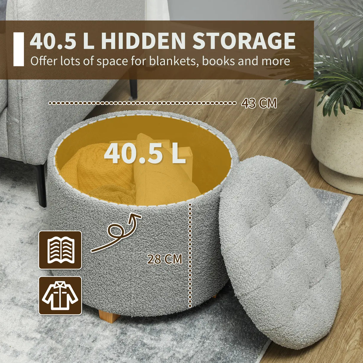 HOMCOM 40.5L Teddy Fleece Storage Ottoman - Grey