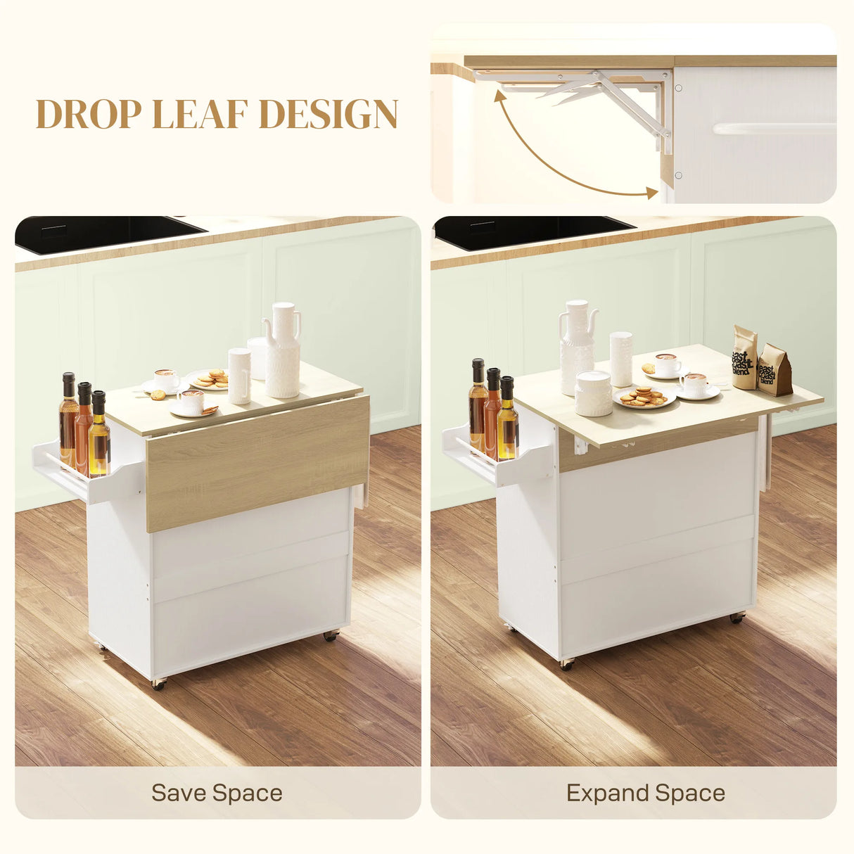 HOMCOM Rolling Kitchen Island with Drop Leaf, Kitchen Storage Cart with Drawer, Spice Rack and Towel Rack, White
