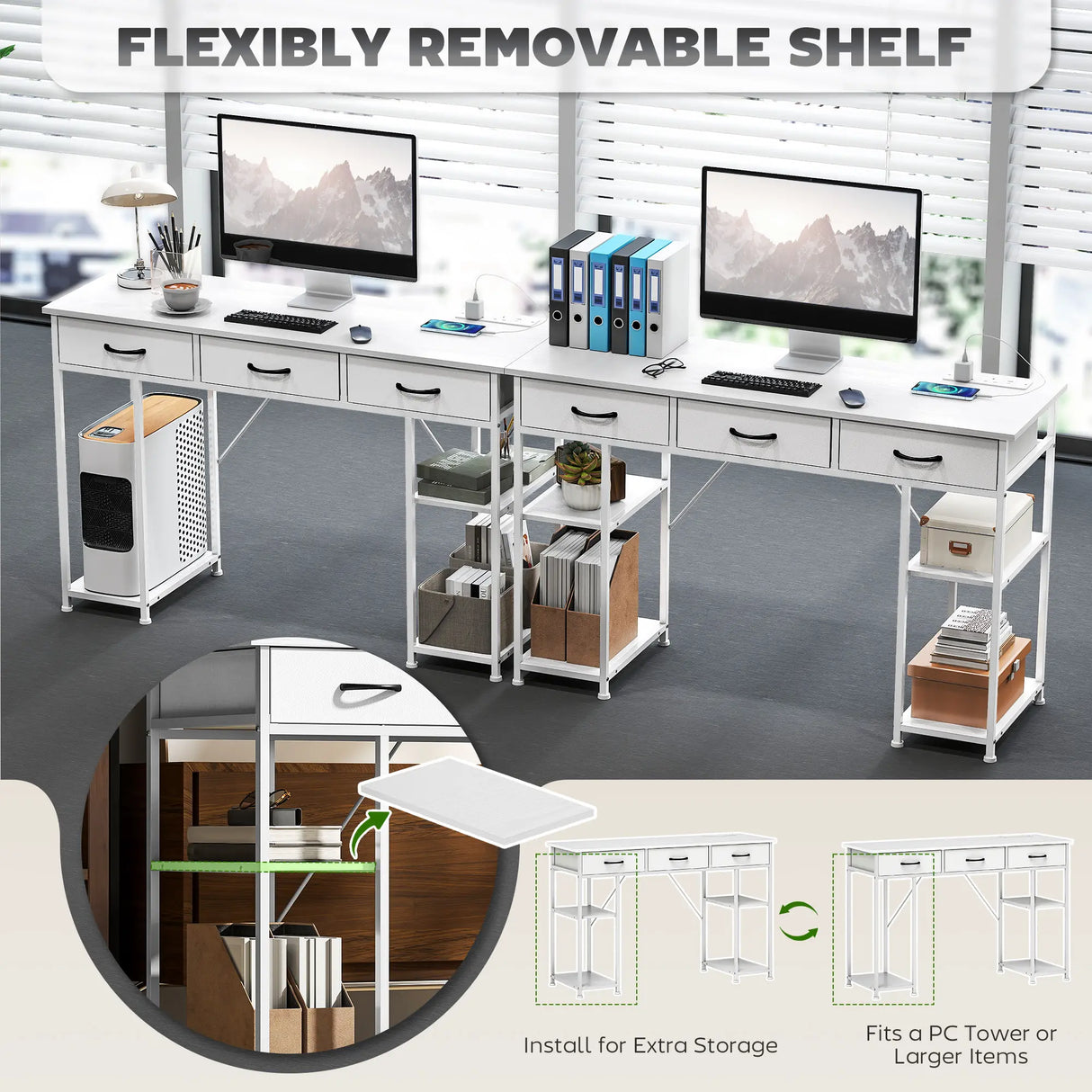 HOMCOM 120cm Computer Desk with Power Outlets, Office Desk Study Table with 3 Fabric Drawers and 4 Storage Shelves, White