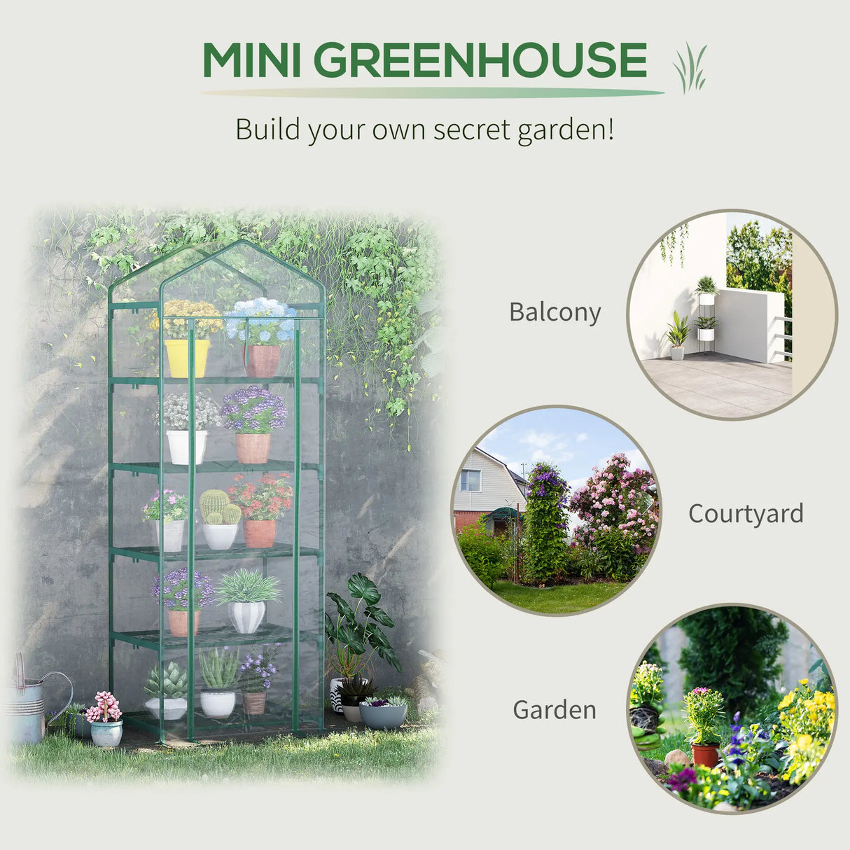Outsunny 5 Tier Mini Greenhouse, Small Walk-in Greenhouse with Reinforced Plastic Cover, Garden Grow House with Roll Up Door and Shelves, 69 x 49 x 193cm, Green
