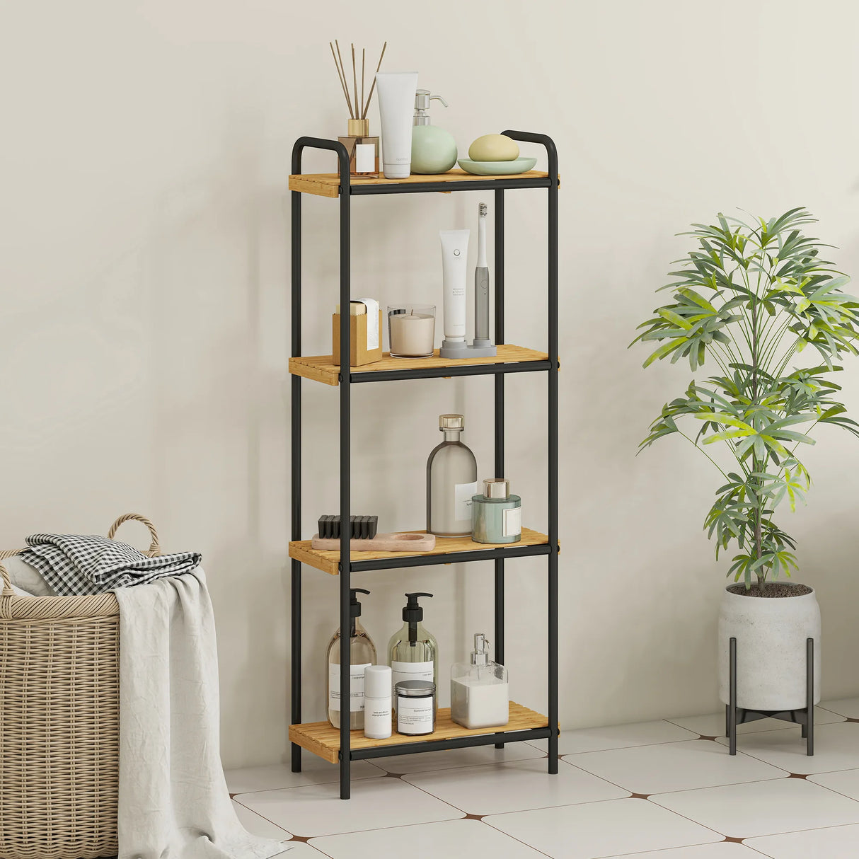 HOMCOM 4-Tier Bamboo Bathroom Storage Shelf, Freestanding Narrow Shelving Unit with Slatted Shelves for Kitchen Bathroom Living Room, 41.5 x 21.5 x 106 cm, Natural and Black