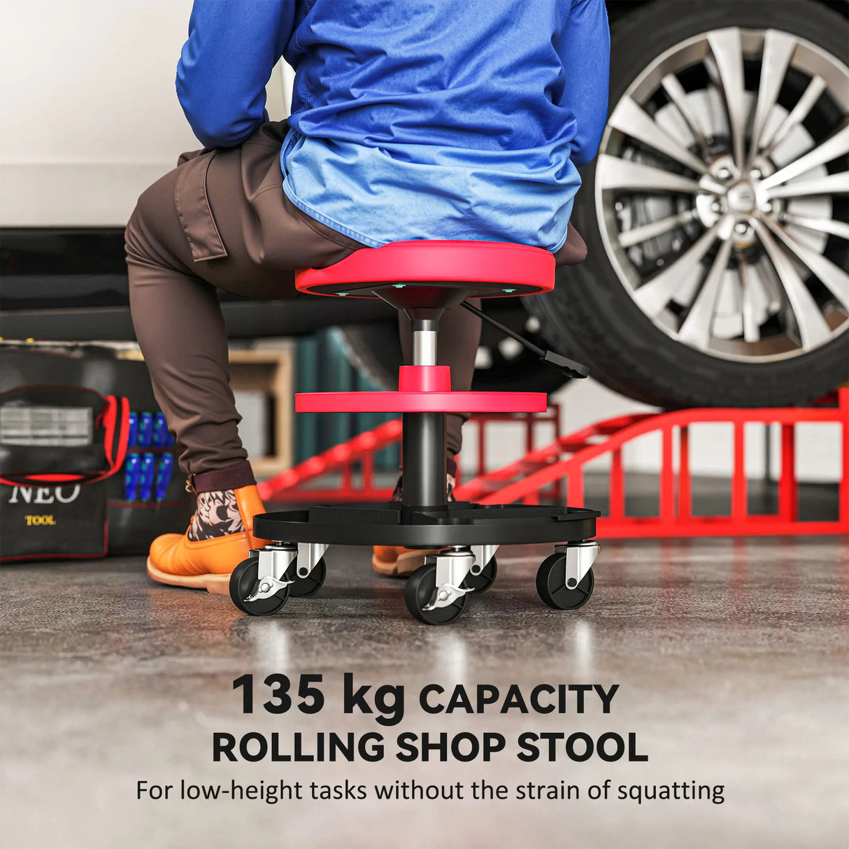 HOMCOM Rolling Mechanic Stool, 135kg Capacity Workshop Stool, 360 Swivel Roller Padded Creeper Seat with Wheels, Tool Trays Storage for Garage, Shop, Auto Repair, Red