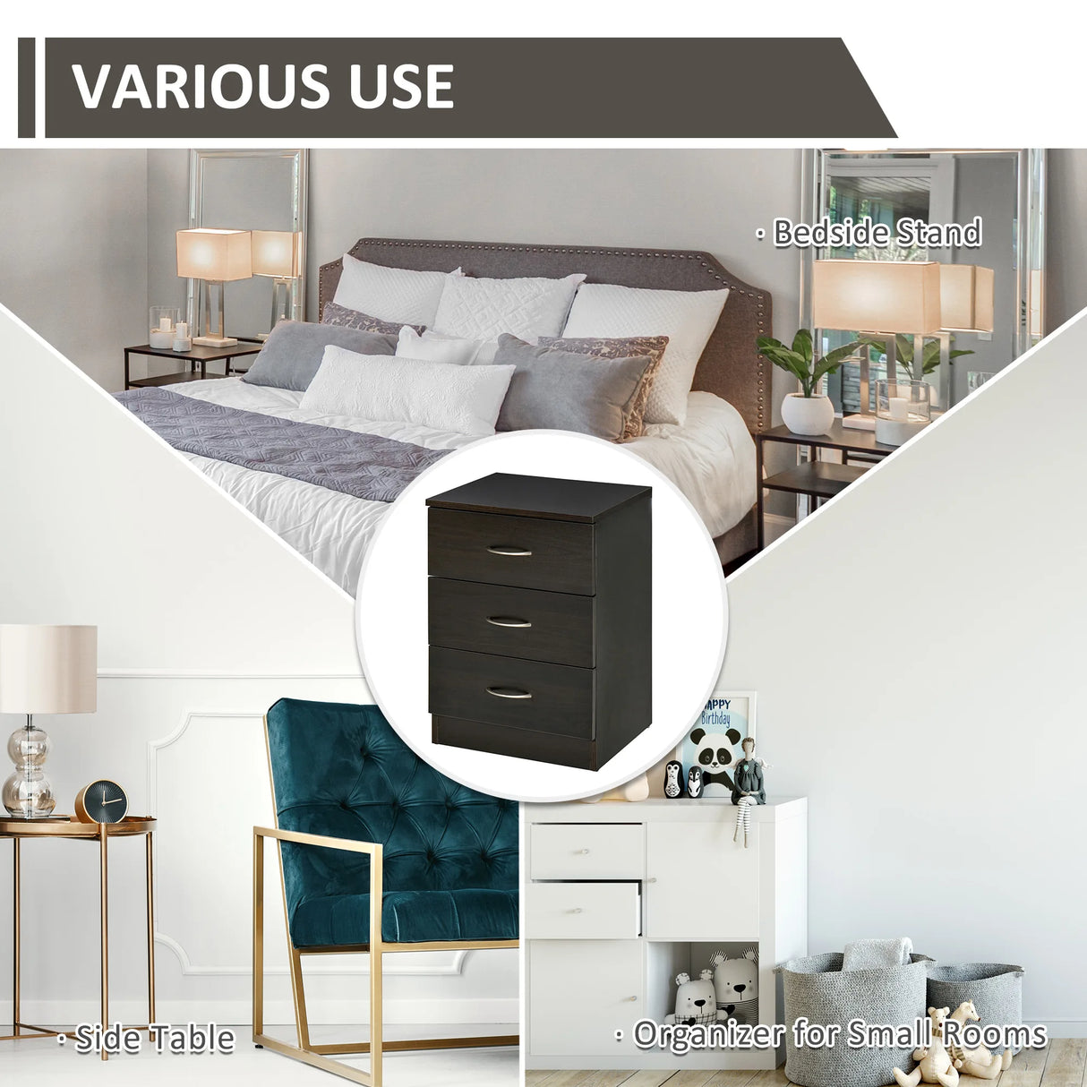 HOMCOM Bedside Cabinet with Drawer and Shelf, White Bedside Table for Bedroom, Living Room, Nightstand Side Table with Metal Rail Set of 2