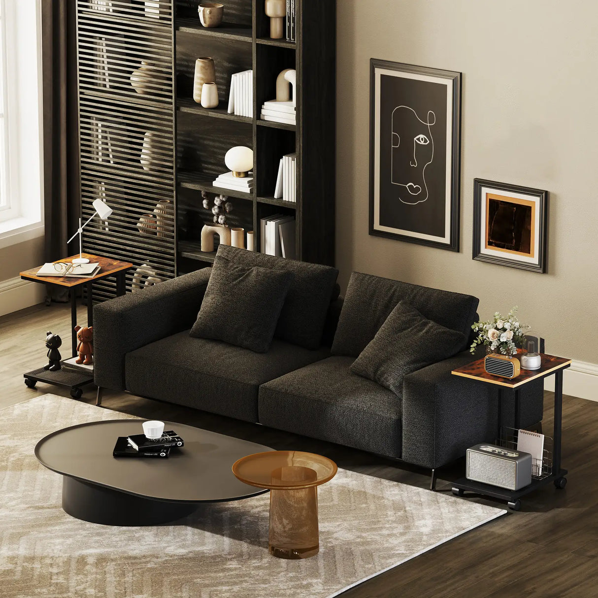 HOMCOM C Shaped Side Table Set of 2 with Wheels, Mobile End Table, Laptop Stand with Metal Frame and Storage Shelf, Rustic Brown