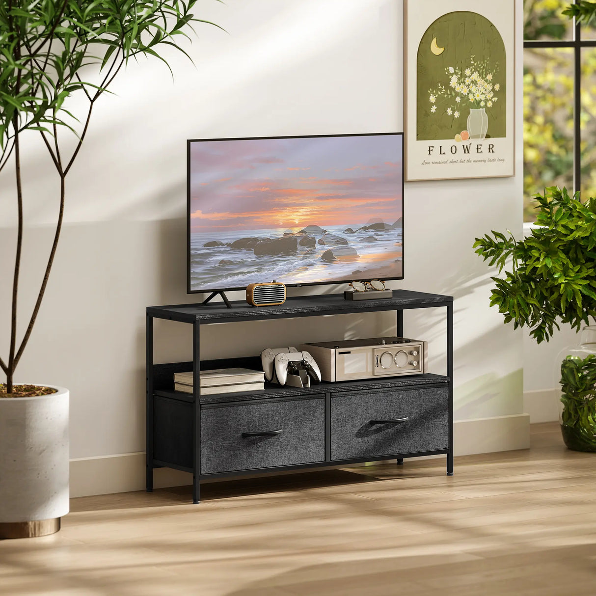 HOMCOM TV Stand Cabinet with 2 Foldable Drawers - Black