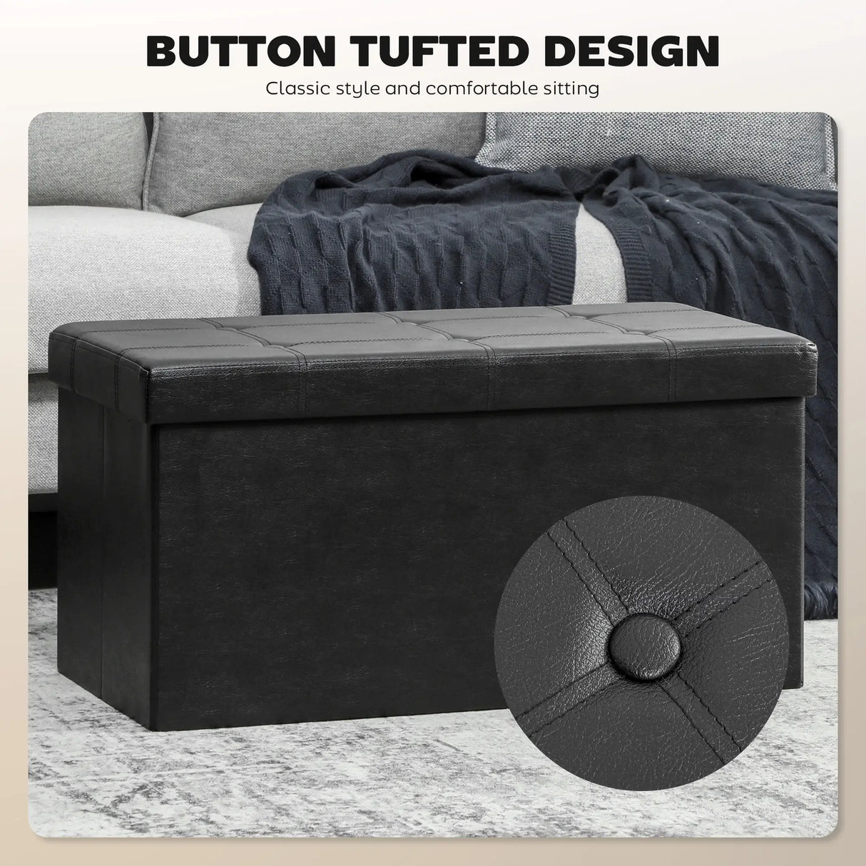 HOMCOM Storage Ottoman Bench, 89L PU Leather Folding Foot Rest Stool, End of Bed Bench, Easy Assembly, for Living Room, Bedroom, Entryway, Black