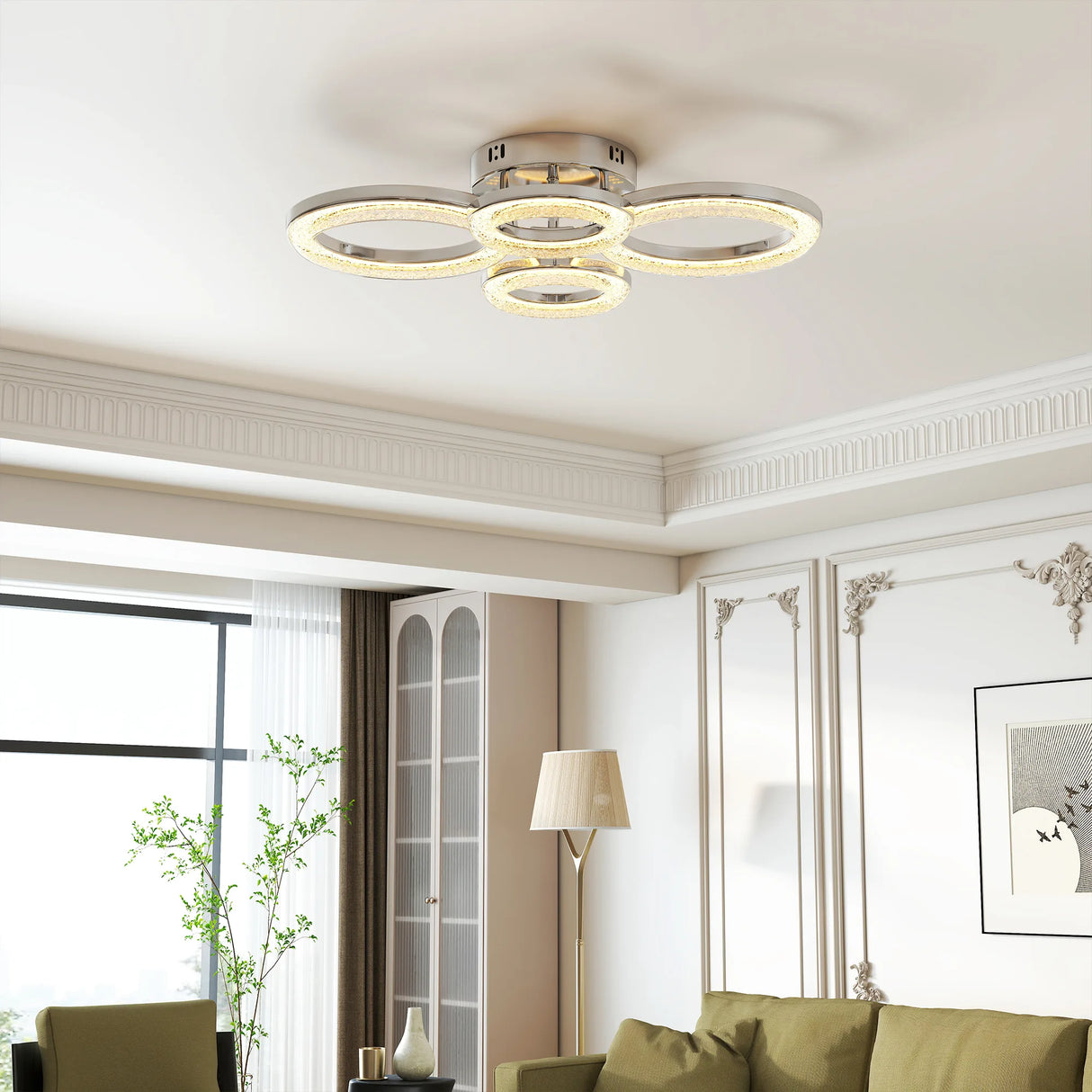HOMCOM LED Ceiling Light, Modern 4 Rings Ceiling Lamp with Wall Switch Control, 40W 4350lm Flush Mount Ceiling Light with 3500K/4500K/6000K Colour Temperatures for Living Room, Bedroom, Silver Tone