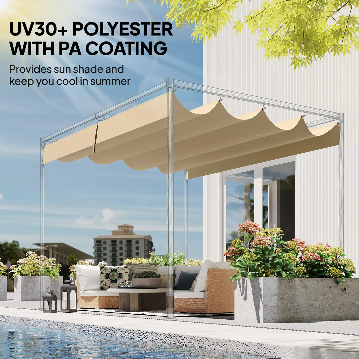 Outsunny Retractable Pergola Canopy Only, 3.92 x 3.5 m, UV30+ Replacement Canopy Cover for 4 x 3 m Pergola, Khaki