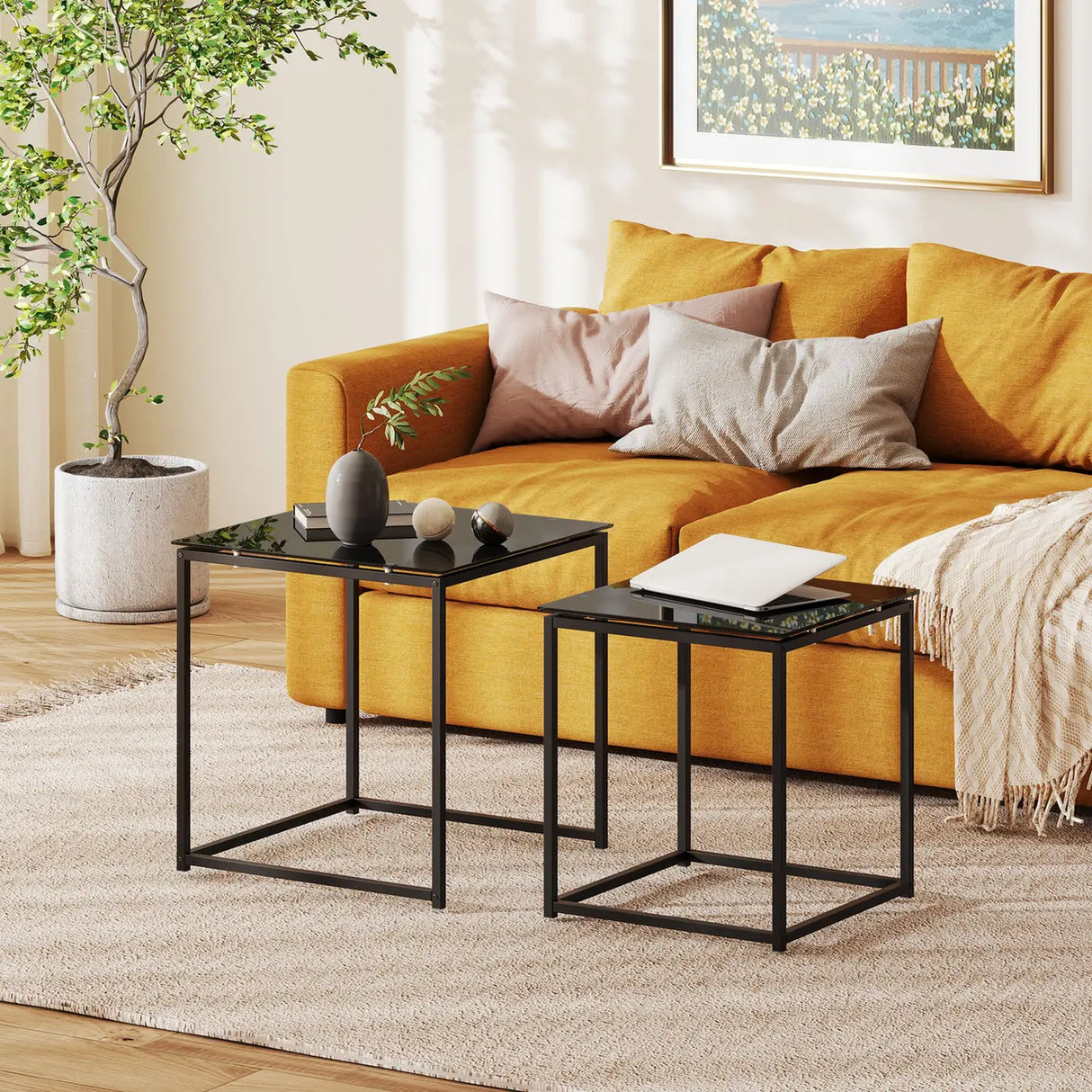 HOMCOM Nest of Tables, Set of 2 Coffee Table, Side Tables with Tempered Glass Desktop and Metal Frame for Living Room, Bedroom, Office, Black