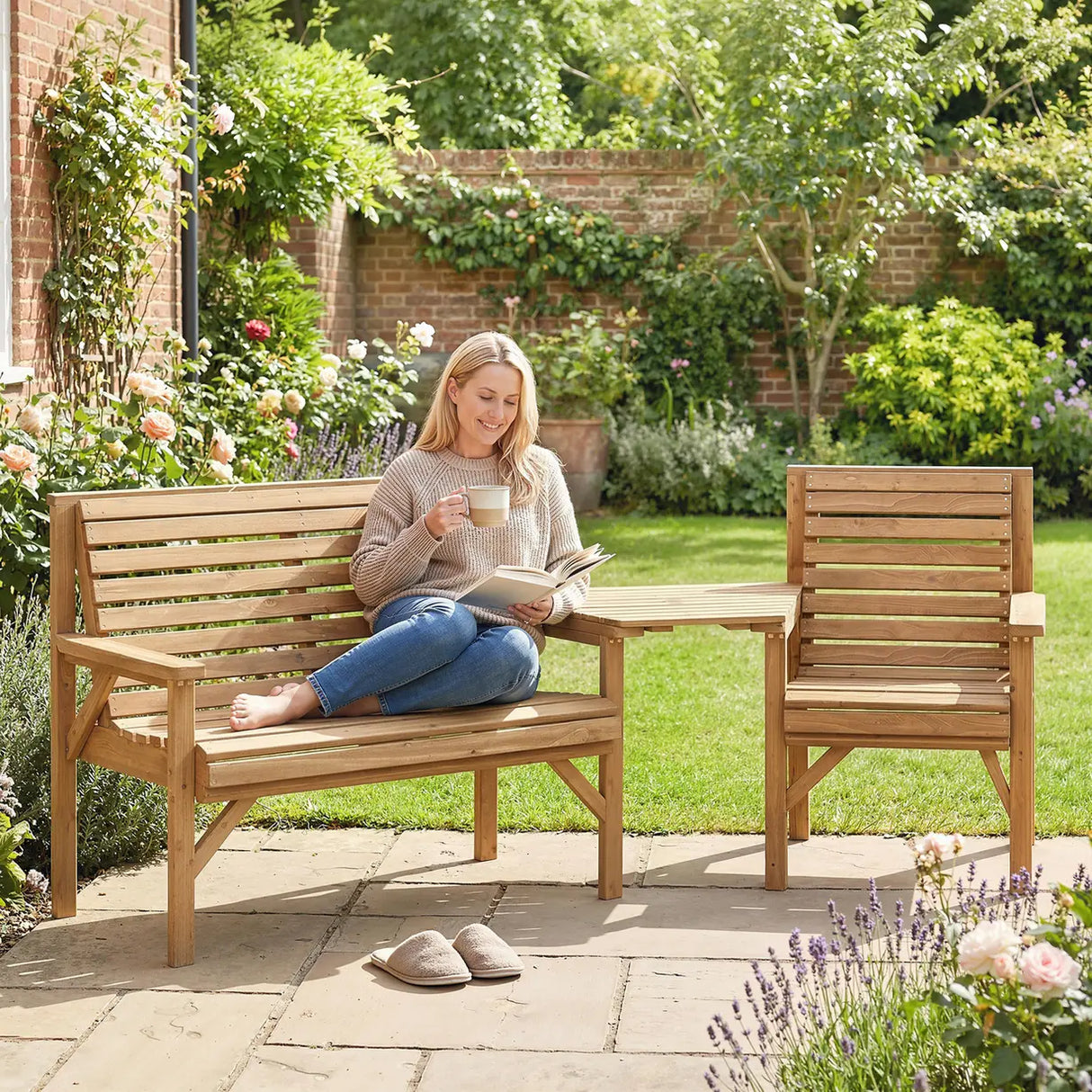 Outsunny Wooden Garden Furniture Set , 1 Chair, 1 Bench and Detachable Table, Natural Wood Finish