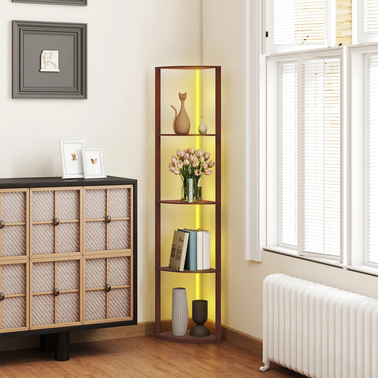 HOMCOM RGB LED Floor Lamp with Shelves, 5-Tier Dimmable Standing Lamp with Adjustable Brightness and Remote Control, Modern Corner Display Shelf Unit for Living Room Bedroom Office, Brown