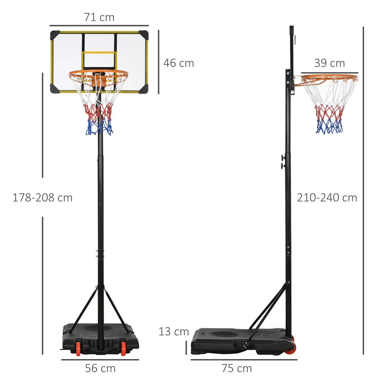 SPORTNOW Height Adjustable Basketball Hoop and Stand with Firm Backboard and Weighted Base, Portable Wheels, Yellow