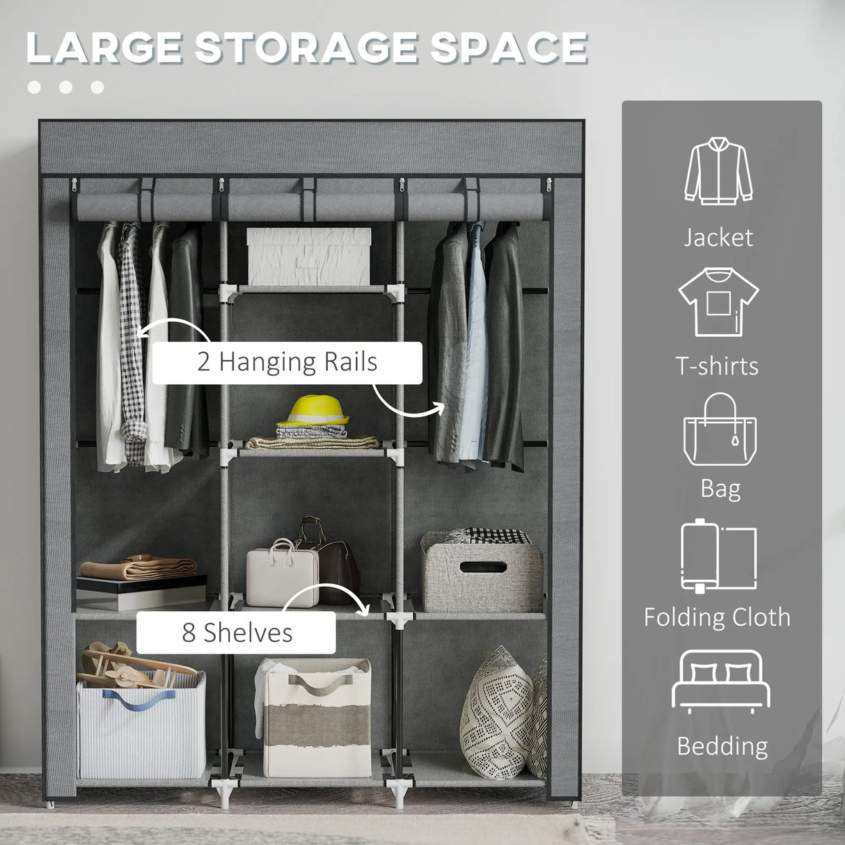 HOMCOM Fabric Wardrobe, with Rails and Shelves - Dark Grey