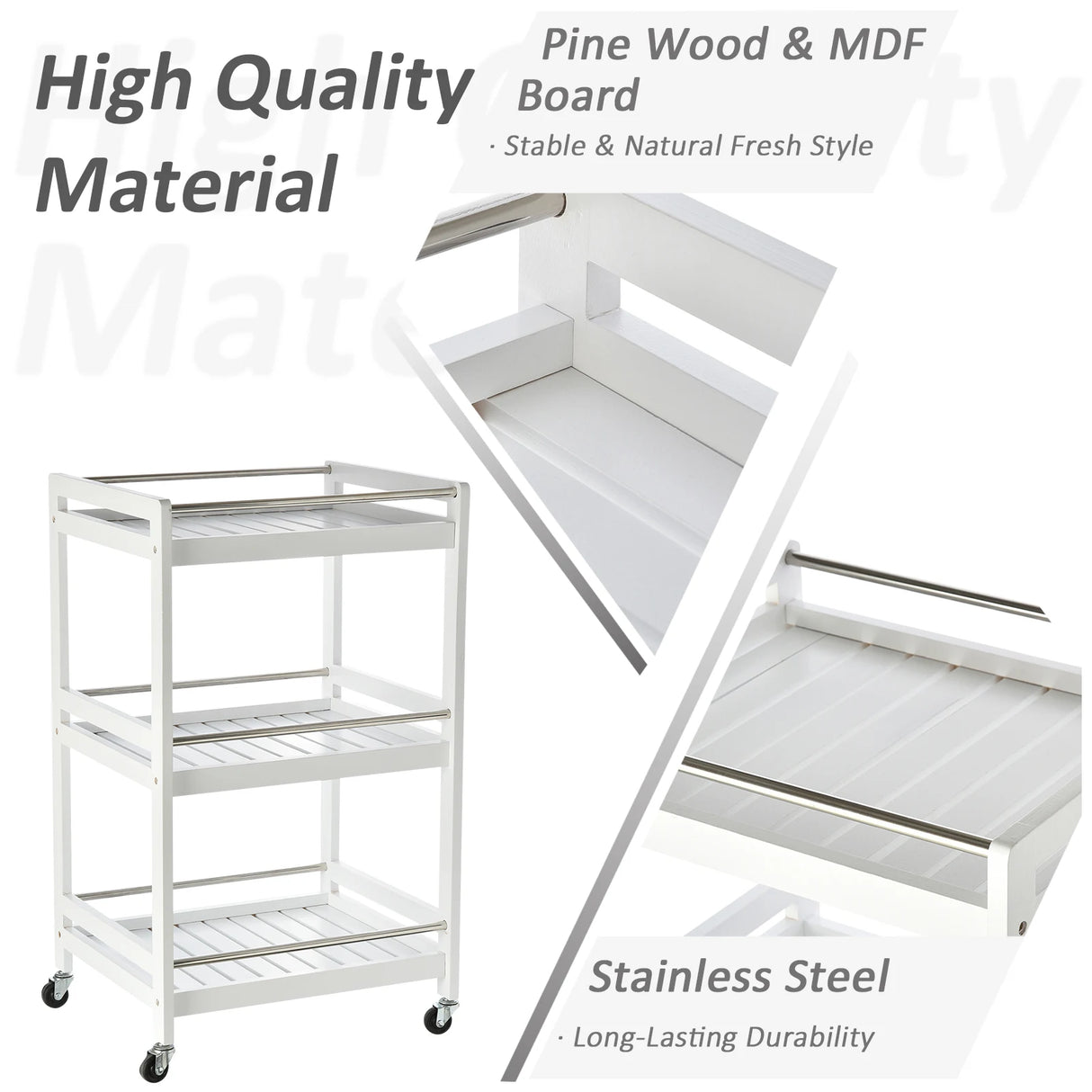 HOMCOM 3-Tier Home Trolley Kitchen Storage Cart w/ Steel Bars 4 Universal Wheels Rolling Unit Organiser Living Room White