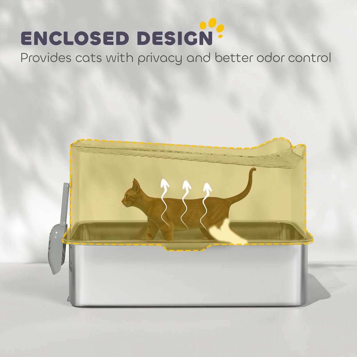 PawHut Stainless Steel Cat Litter Tray, Extra Large Enclosed Litter Box with Scoop, Top Entrance, Non-slip Pads, Dark Grey