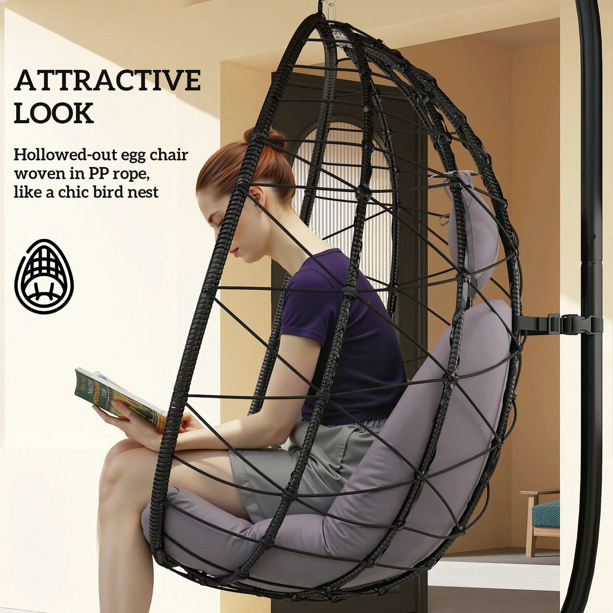 Outsunny Hanging Egg Chair Outdoor Indoor Garden Swing Chair with Folding Basket, Thickened Cushion, Garden Hanging Chair with Stand, Headrest for Patio, Balcony, Grey