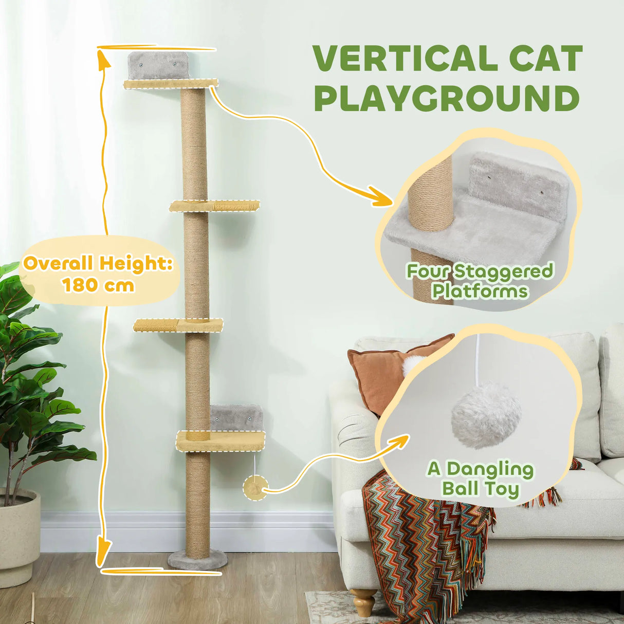 PawHut Wall Mounted Cat Shelves, Cat Climbing Wall with 4 Climbing Platforms, Jute Scratching Post and Toy Ball,180cm Tall, Light Grey