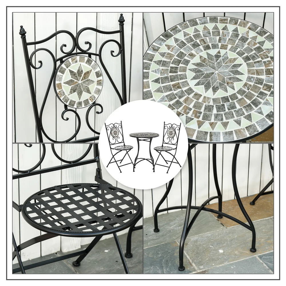 Outsunny 3 Pcs Mosaic Tile Garden Bistro Set Outdoor Seating w/ Table 2 Folding Chairs Set Metal Frame Elegant Scrolling Indoor Patio Balcony