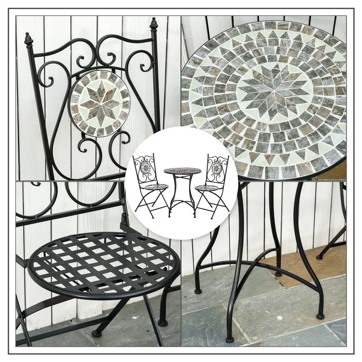 Outsunny 3 Pcs Mosaic Tile Garden Bistro Set Outdoor Seating w/ Table 2 Folding Chairs Set Metal Frame Elegant Scrolling Indoor Patio Balcony