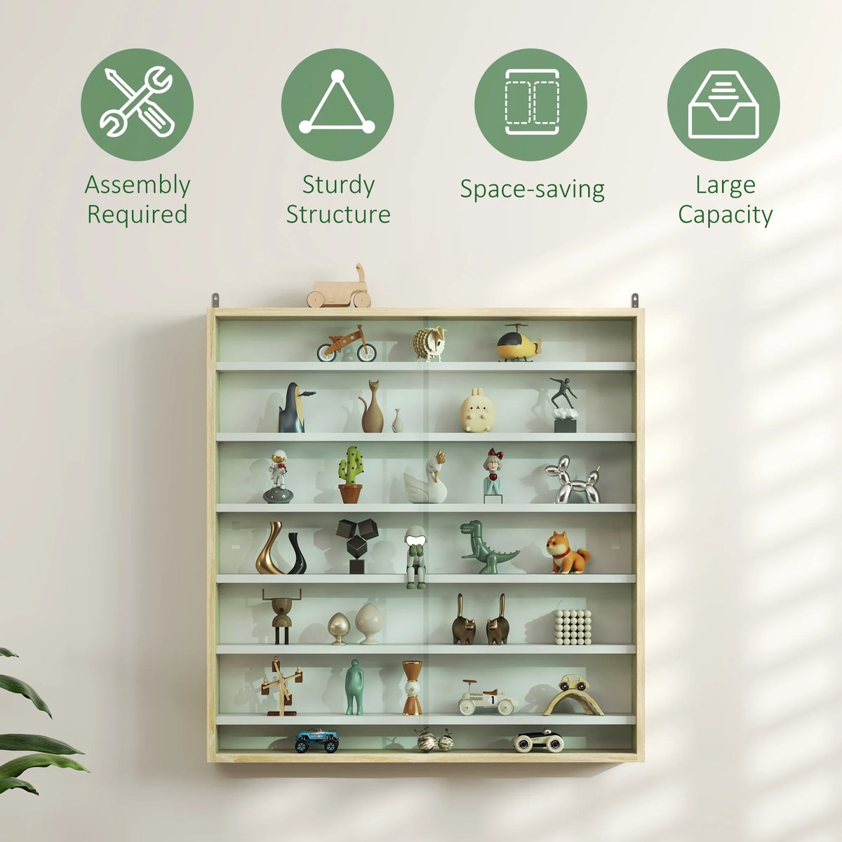 HOMCOM 7-Tier Wall Display Shelf Unit Cabinet w/ 6 Adjustable Shelves Glass Doors Home Office Ornaments 83x80cm, Oak