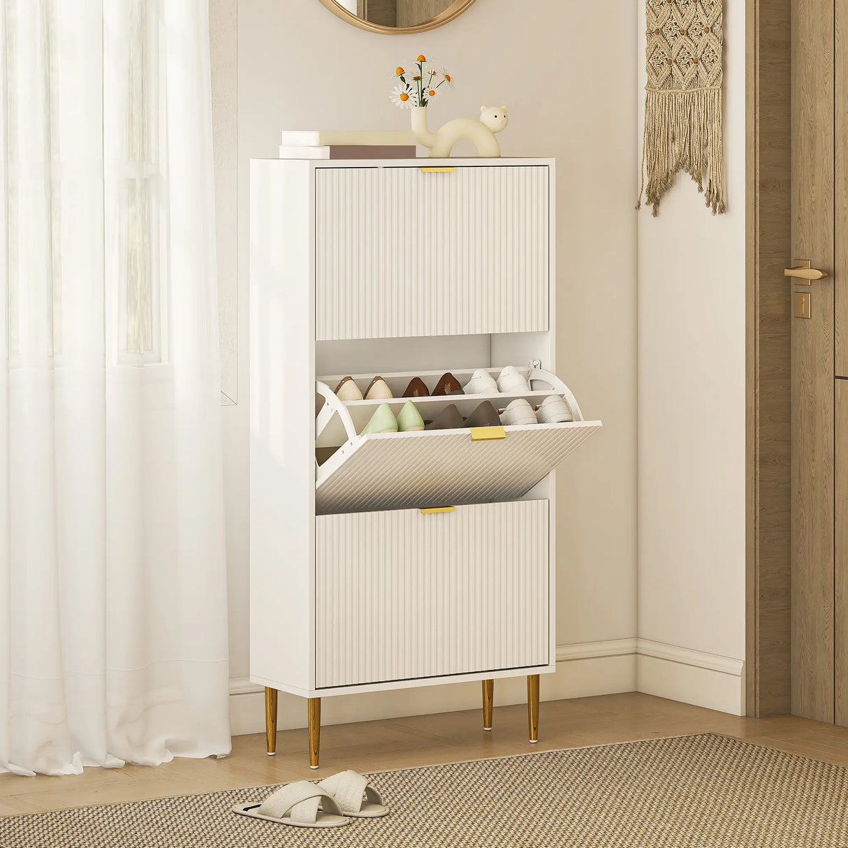 HOMCOM Narrow Shoe Cabinet with 3 Flip Drawers - White