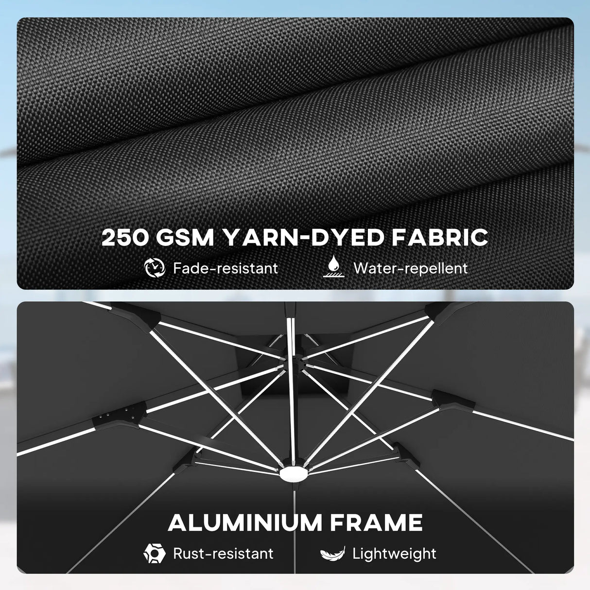 Outsunny 3(m) Garden Cantilever Parasol with Solar LED Lights, Cross Base, 360 Rotation, Crank Handle and Tilt, Grey