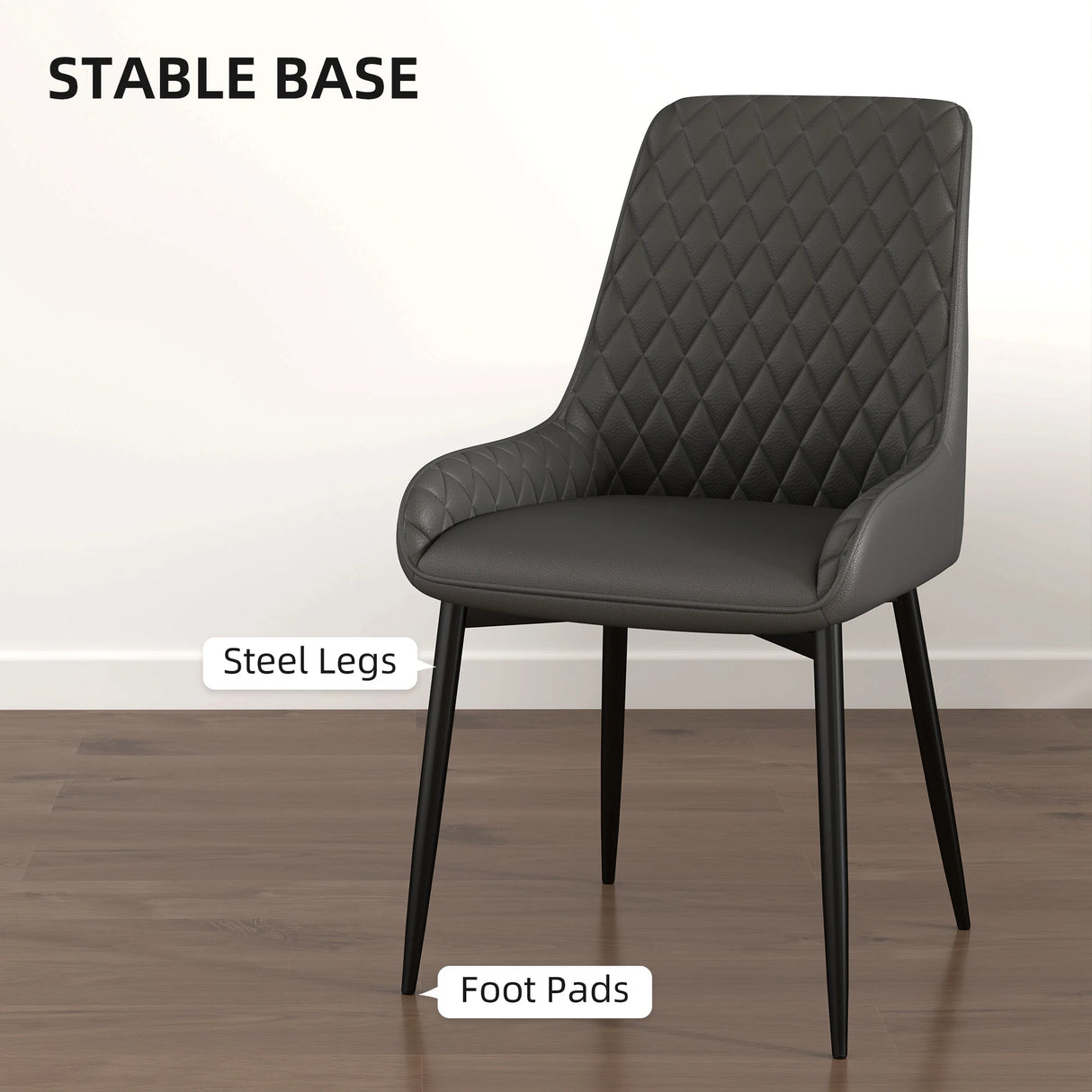 HOMCOM Set of 4 Quilted PU Leather Dining Chairs with Metal Frame 4 Legs Foot Caps Home Seating Modern Stylish Executive, Grey