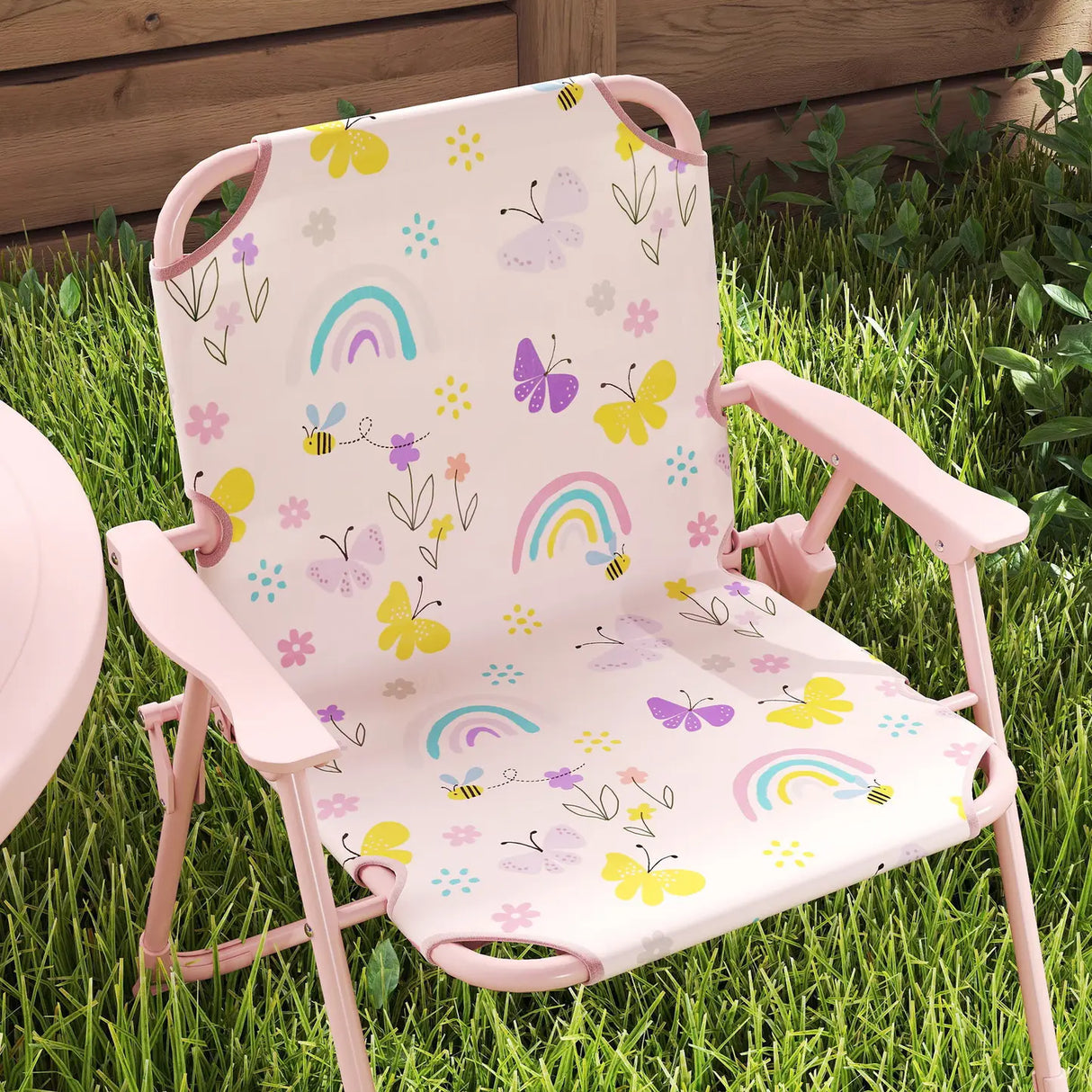 AIYAPLAY 4-Piece Kids Garden Table and Chair Set with Adjustable Parasol, Folding Chairs, Table, Rainbow Pattern, Pink