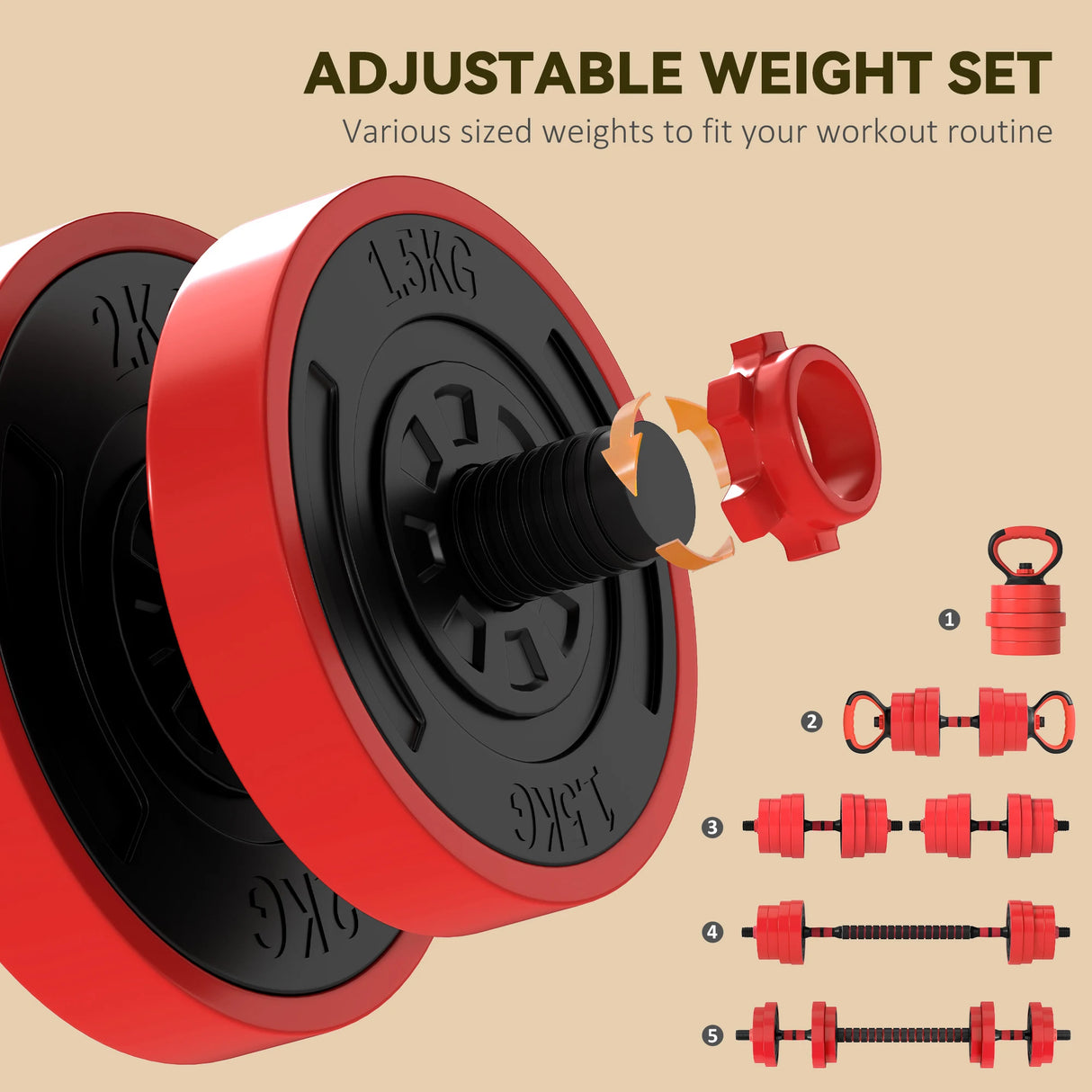 SPORTNOW 30kg Four-In-One Adjustable Weight Dumbbells Set, Barbell, Kettlebell, Push Up Stand - Red