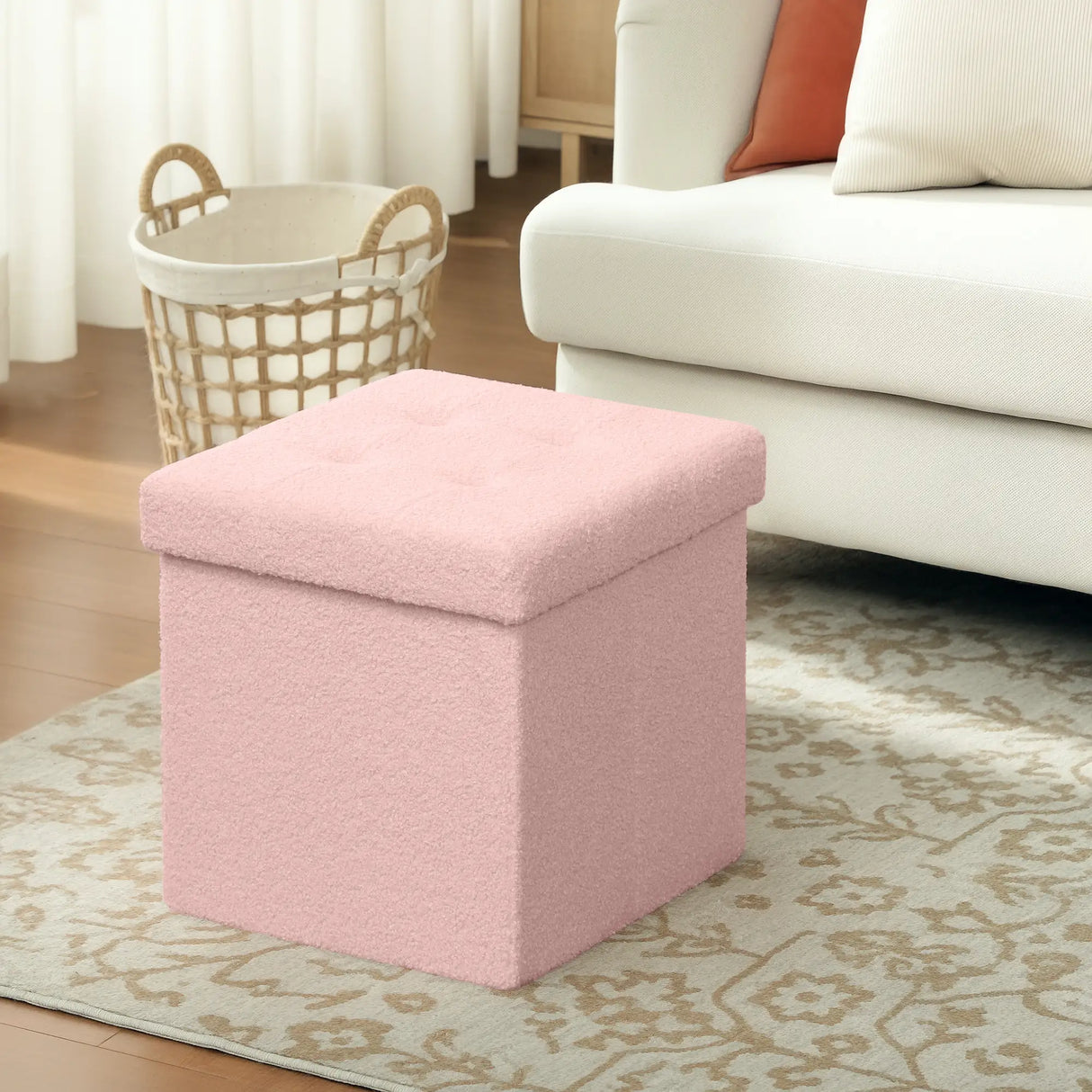 HOMCOM Foldable Sherpa Fleece Storage Ottoman - Pink