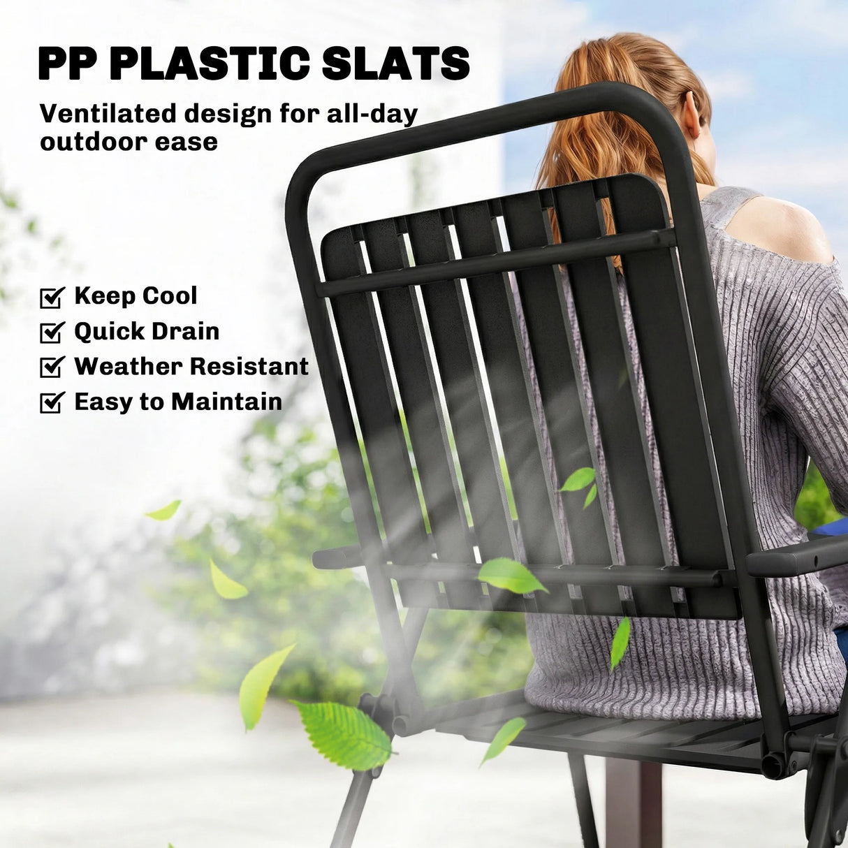 Outsunny Folding Garden Chairs, Garden Dining Chairs with Plastic Slatted Seat Back, Armrests, Steel Frame, Set of 4, Black