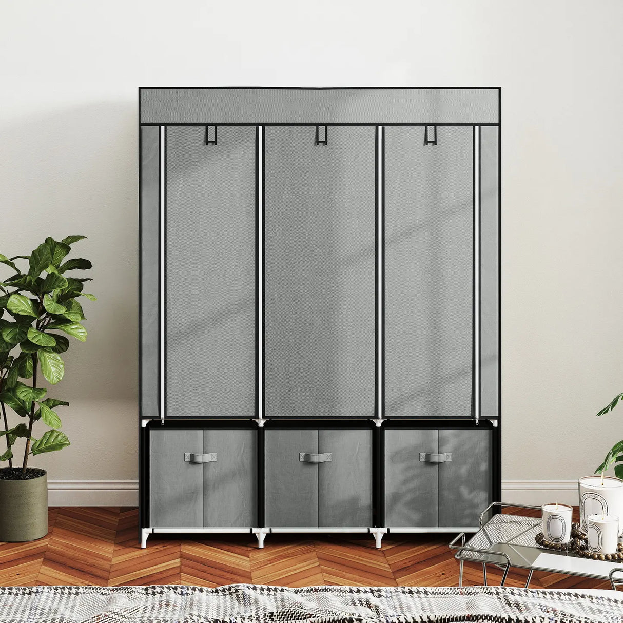 HOMCOM Fabric Wardrobe for Bedroom, Portable Wardrobe with 5 Shelves, 2 Hanging Rails and 3 Fabric Drawers, Foldable Closet, 125 x 43 x 162.5cm, Light Grey
