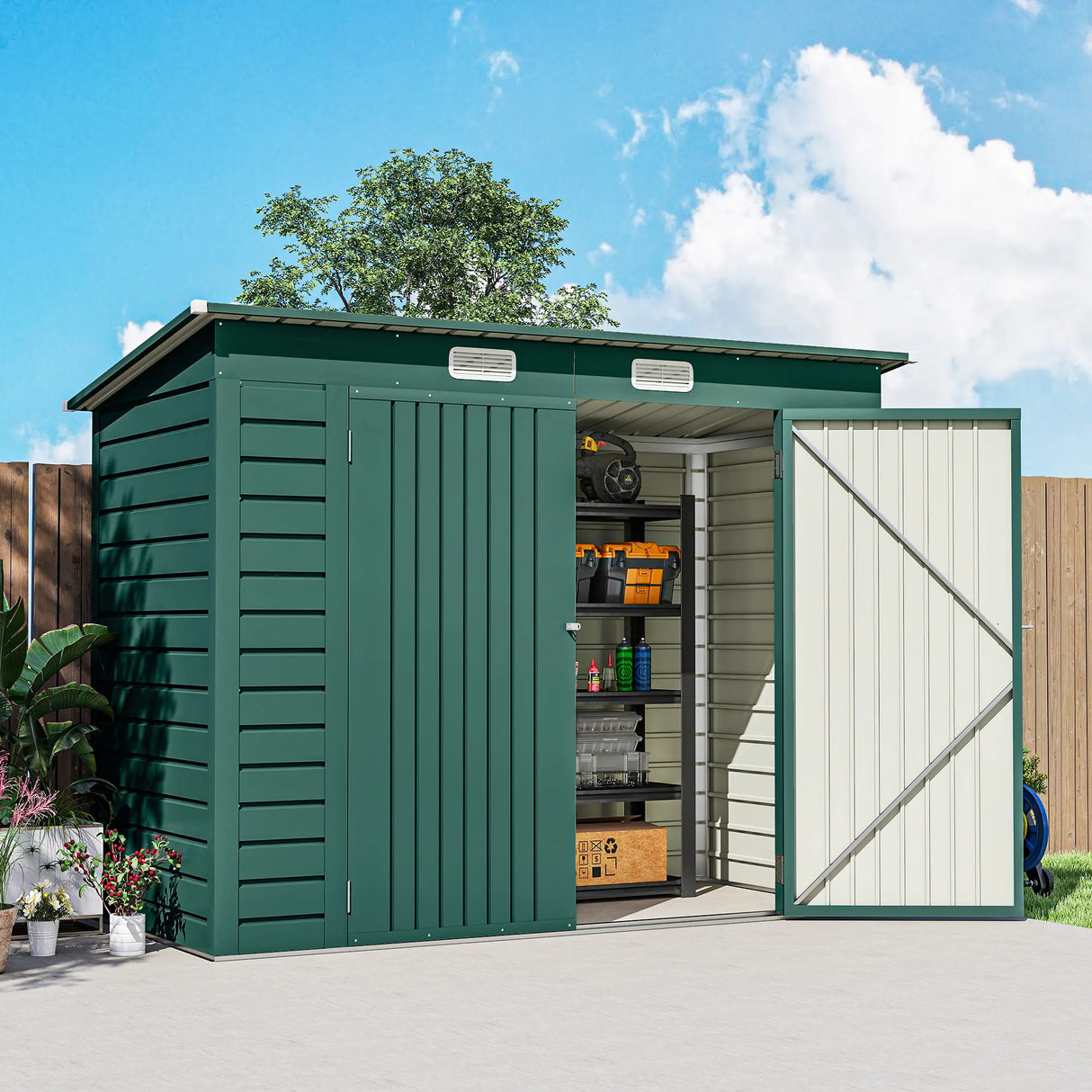 Outsunny 3.7 x 7.9ft Galvanised Steel Shed, with Latched Door and Padlock - Green