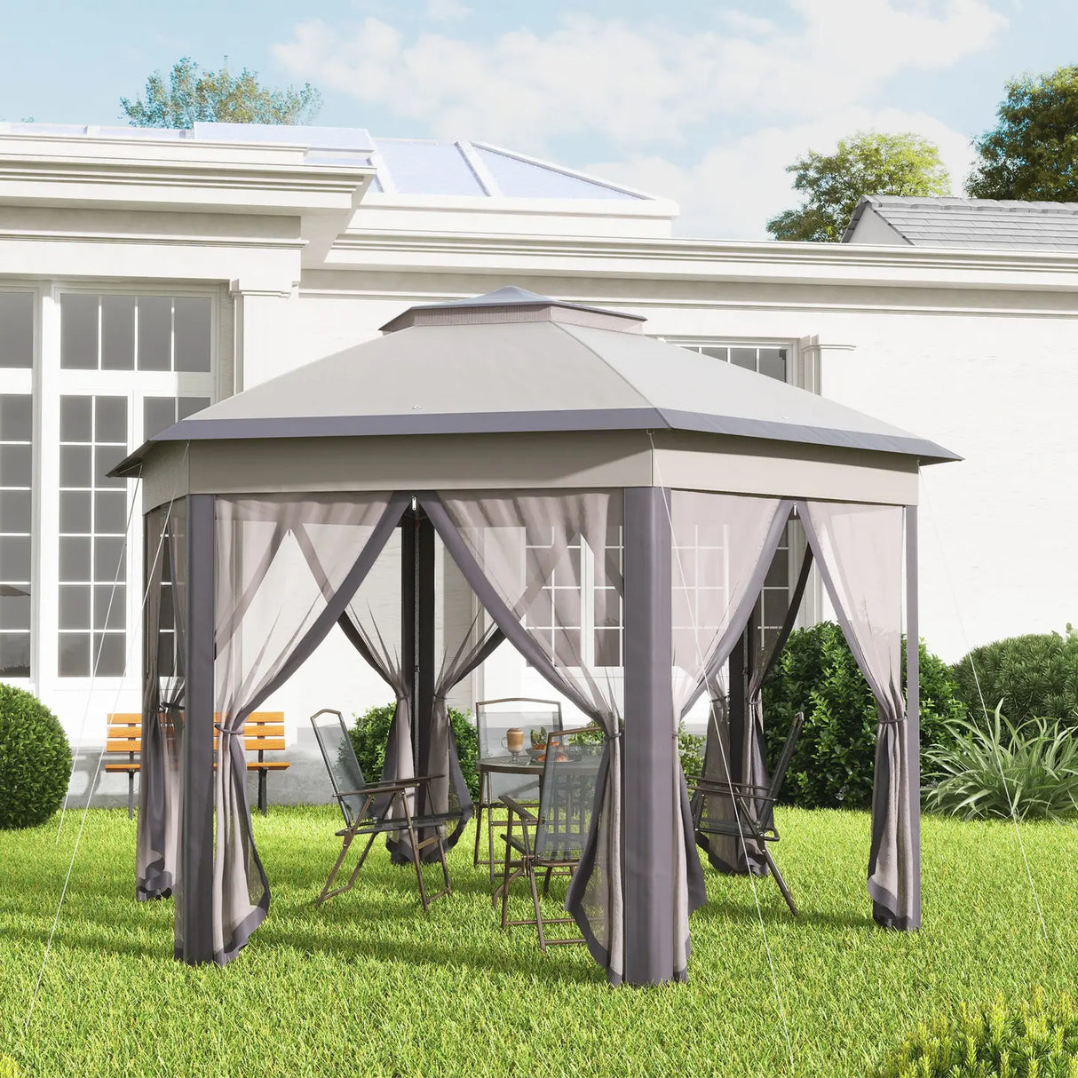 Outsunny 3 x 4m Garden Gazebo Hexagon Pop Up Gazebo Party Tent Canopy Double Roof Instant Shelter with Netting and Carry Bag for Outdoor Patio, Beige