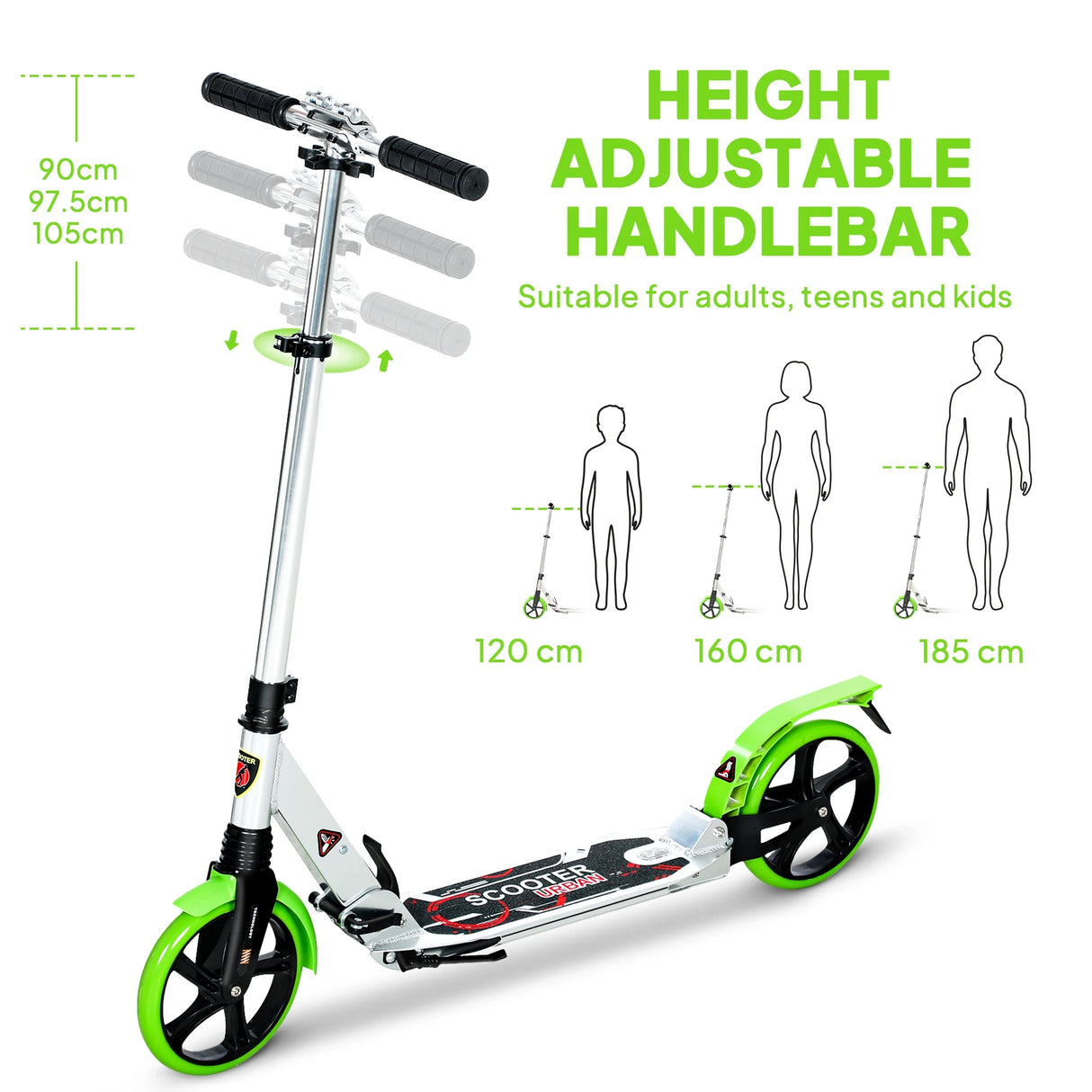 HOMCOM Folding Kick Scooter, Adjustable Ride On Scooter with 200mm Big Wheels and Double Shock Absorption, Urban Scooter for 14+ Teens Adult, Green