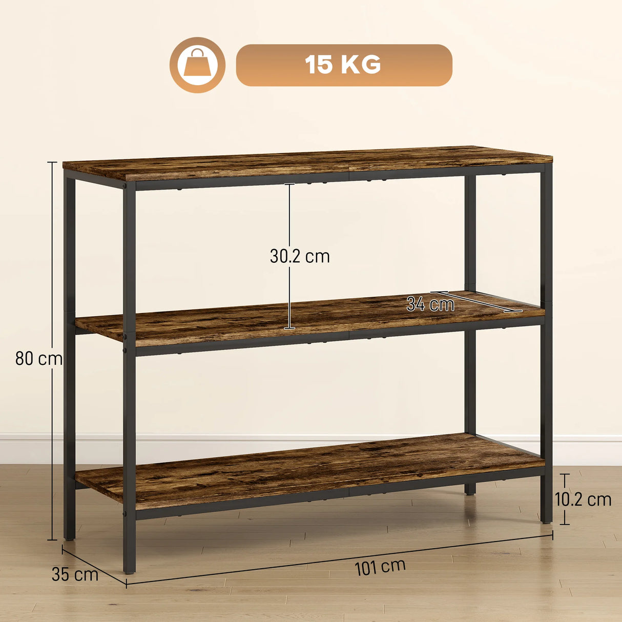 HOMCOM 3-Tier Console Table with Storage Shelves - Rustic Brown