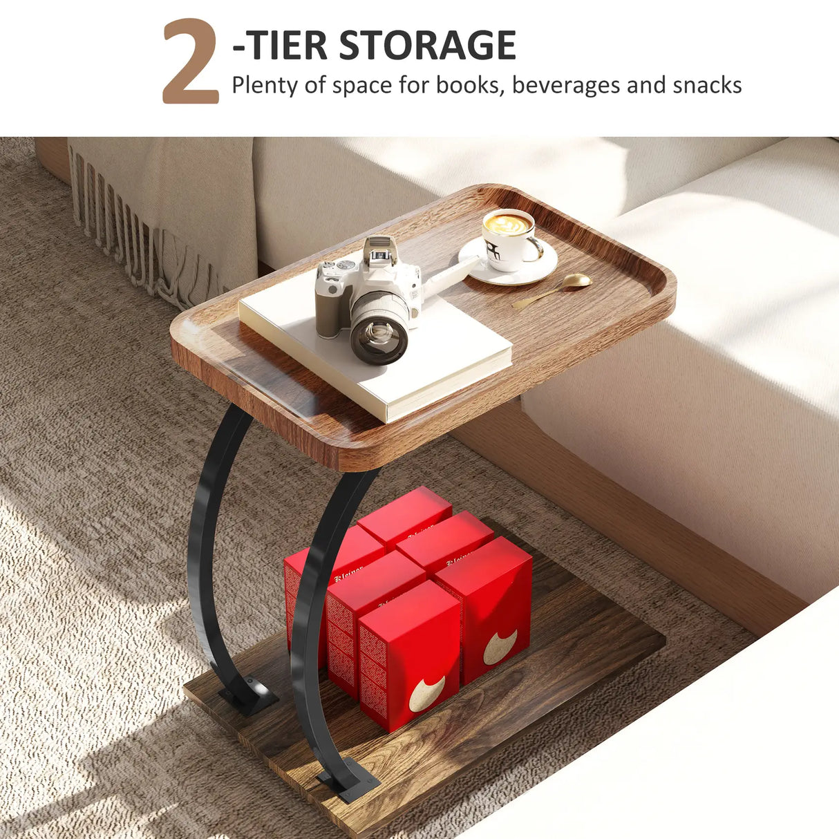 HOMCOM 2-Tier Mobile C-Shaped Side Table - Brown