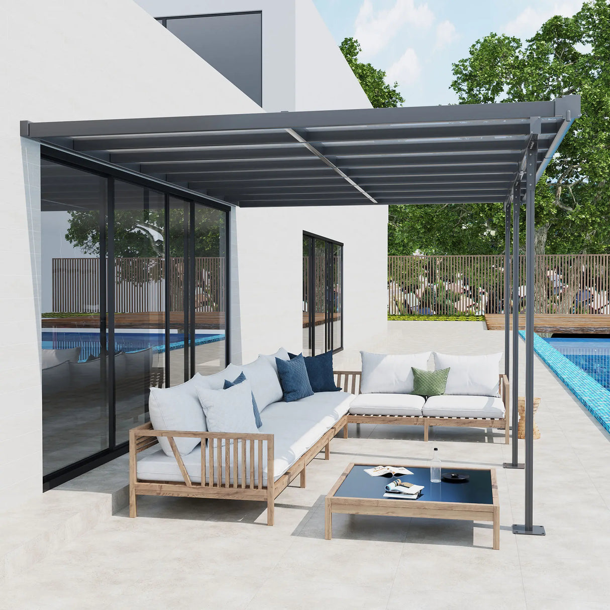 Outsunny 4.35 x 3m Outdoor Patio Gazebo Pergola, Retractable Pergola Canopy Aluminum Post & PC Roof, Grey