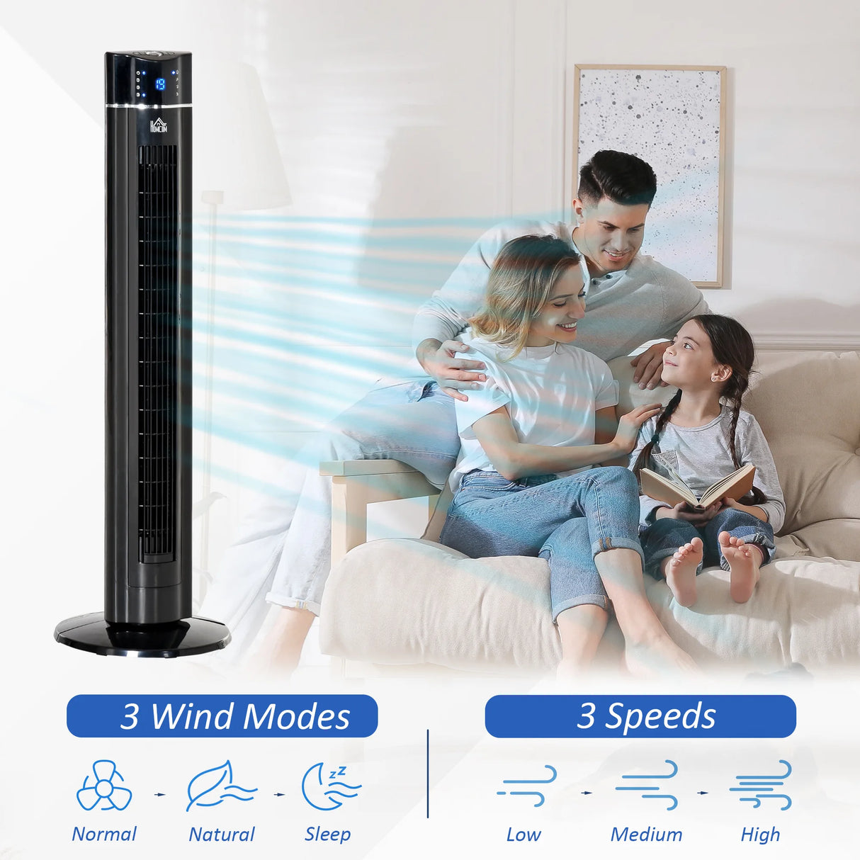 HOMCOM Anion Tower Fan for Bedroom, 42 inch, 6 m/s Powerful Velocity, Standing Floor Fan with 60 Oscillating, 3 Modes, 3 Speeds, 8 Hour Timer, LED Display, Remote Control, Black